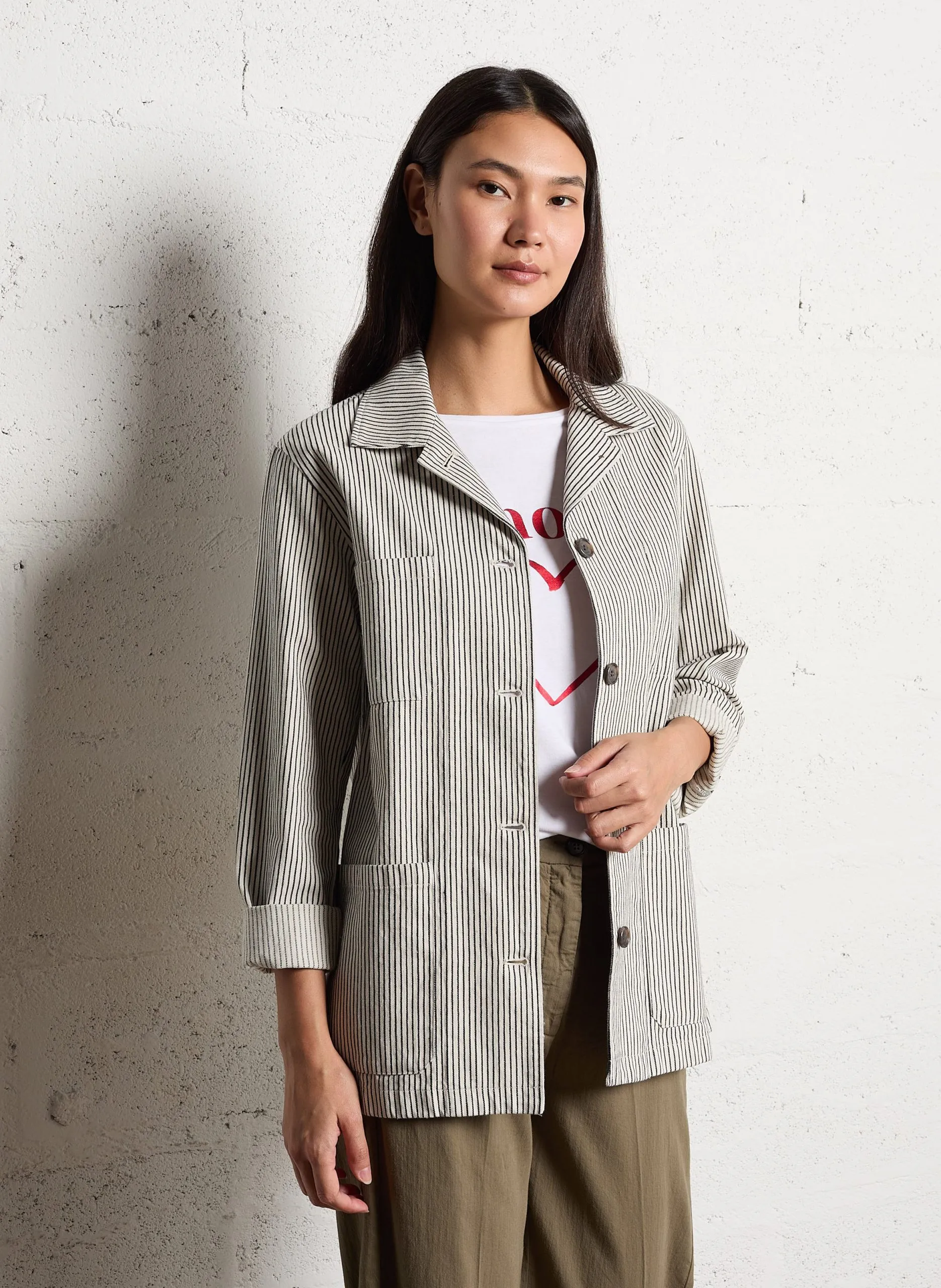 Gestreifte Jacke aus Baumwoll-Mix mit klassischem Kragen Beige VERDI