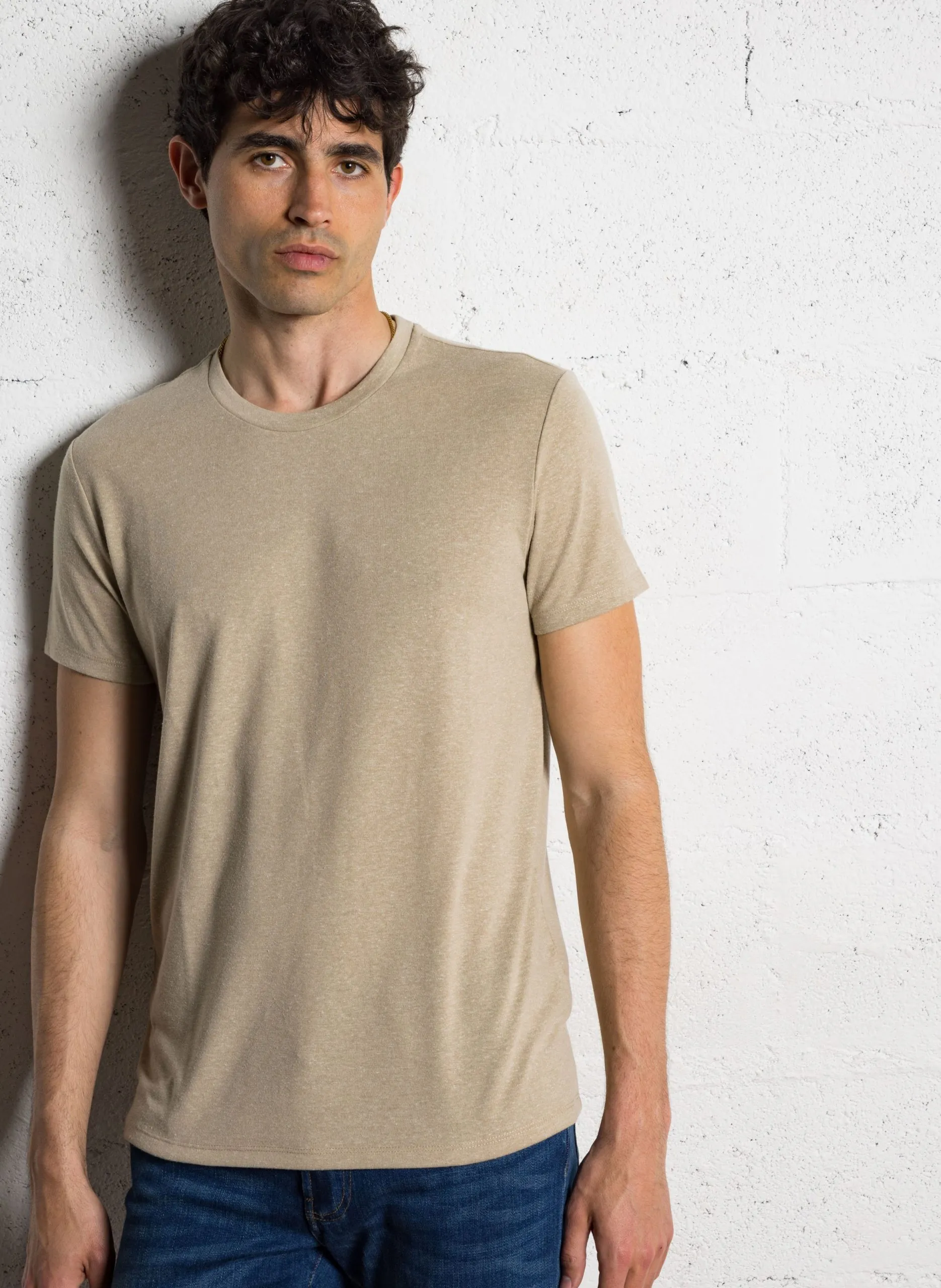Einfarbiges Langarm-Top mit Rundhalsausschnitt Beige