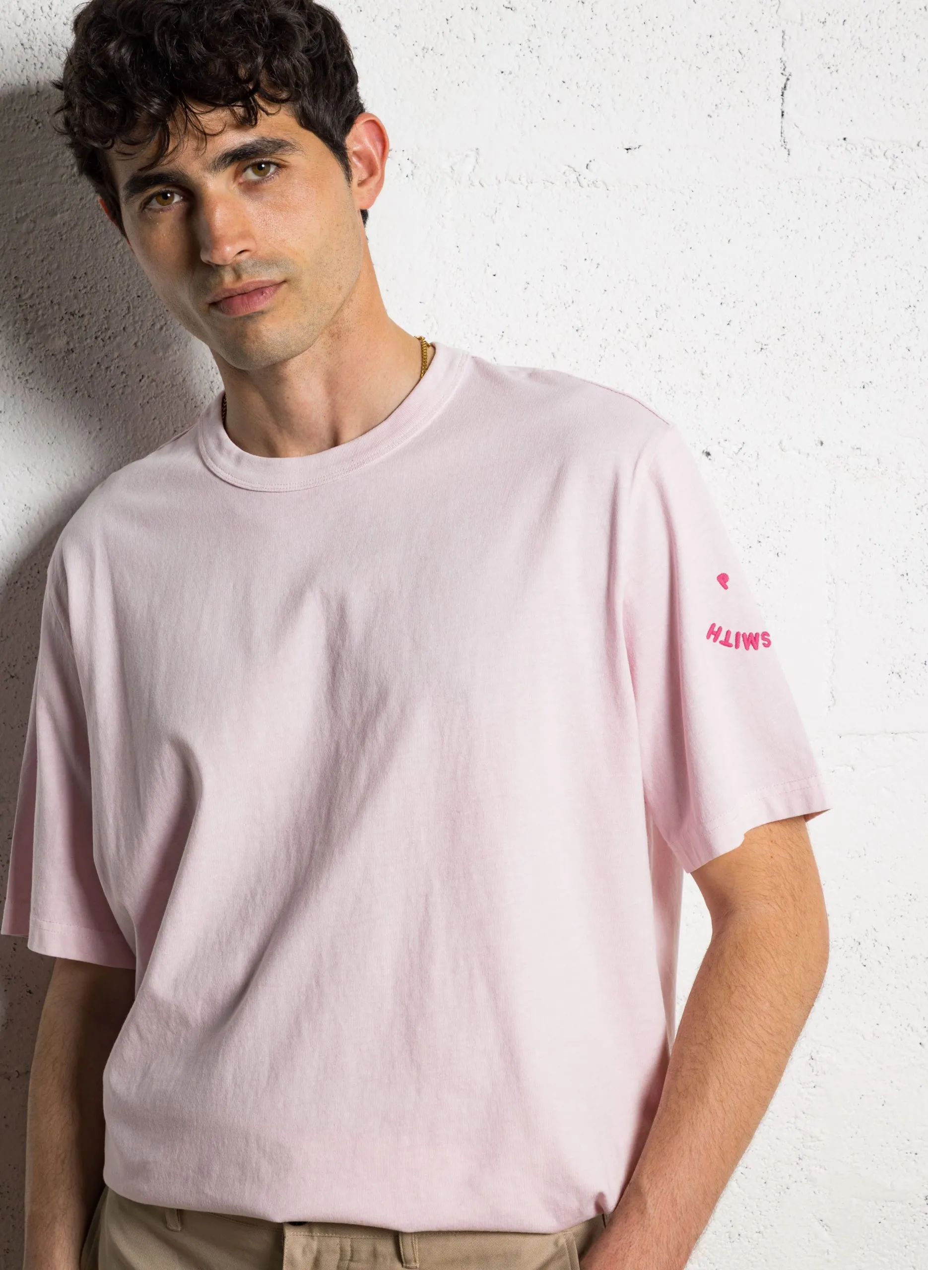 Weites Rundhals-T-Shirt aus Bio-Baumwolle Rosa HAPPY EMB