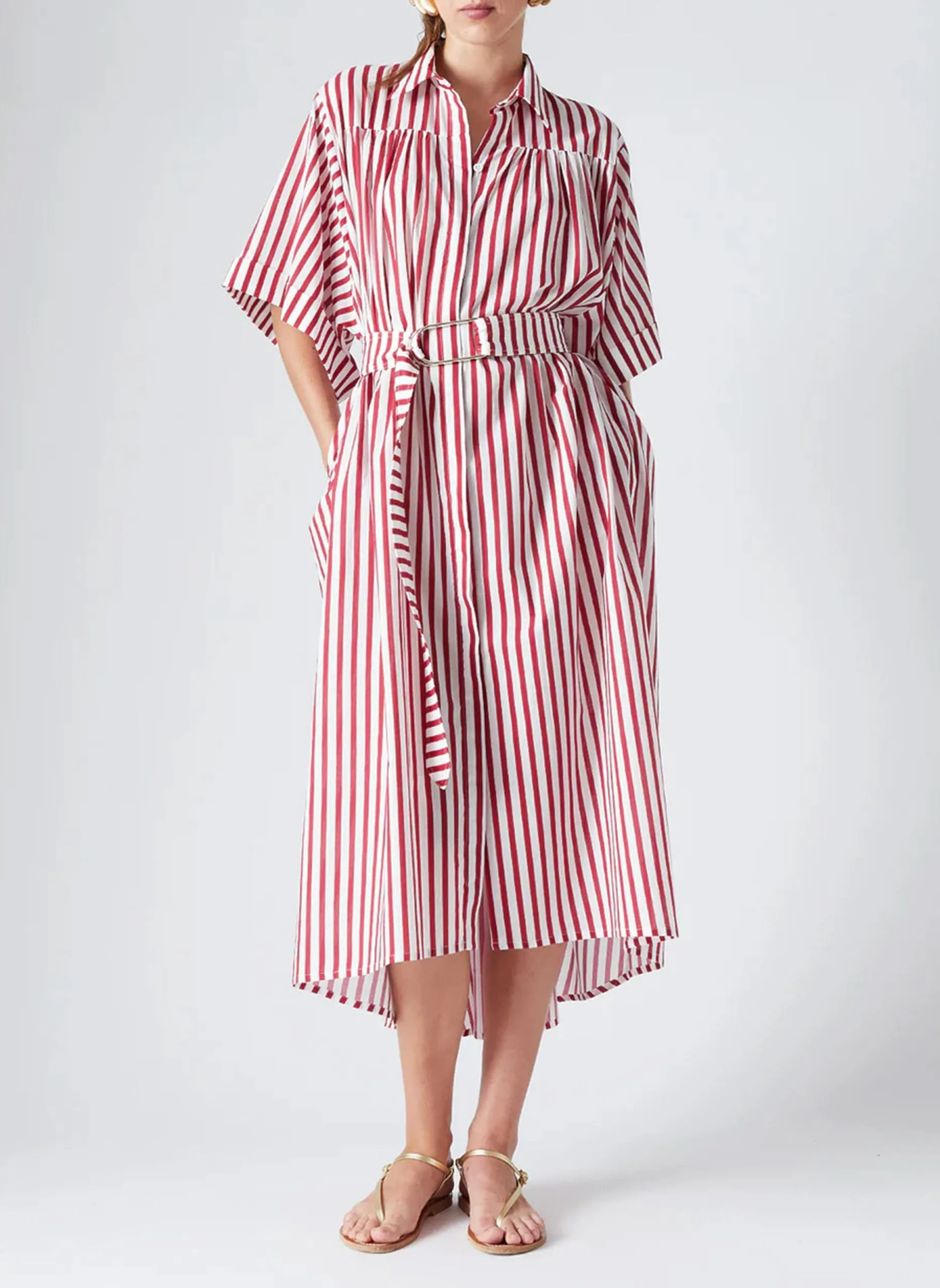 Langes Baumwollkleid mit klassischem Kragen Rot GRACE