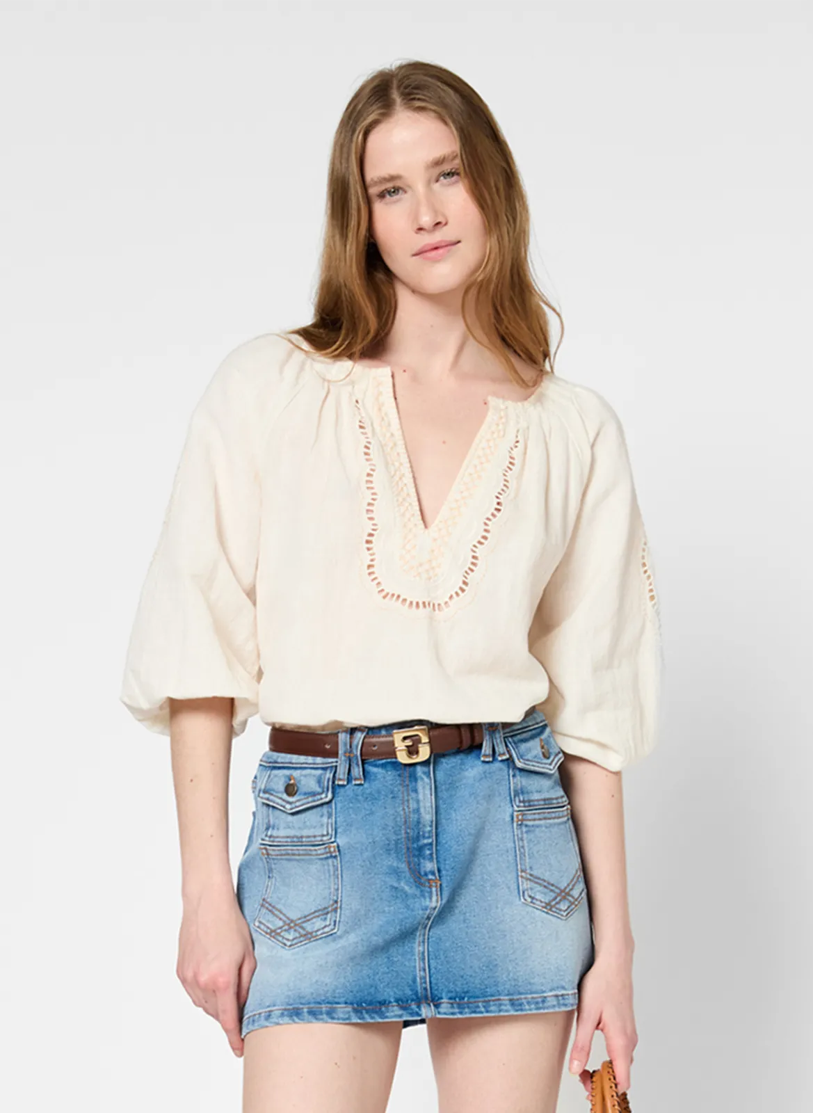 Bestickte Bluse aus Baumwolle und Leinen Beige ULALI