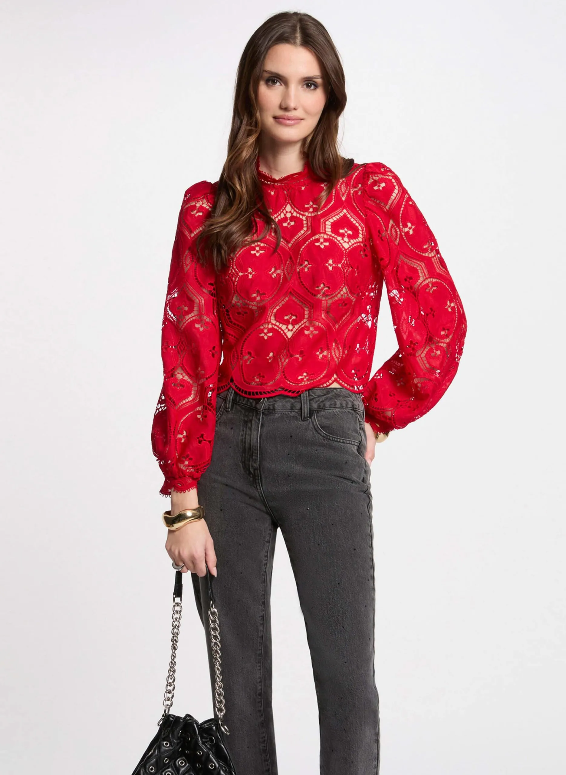 Langarm-Spitzenoberteil Rot 251-OMBRE