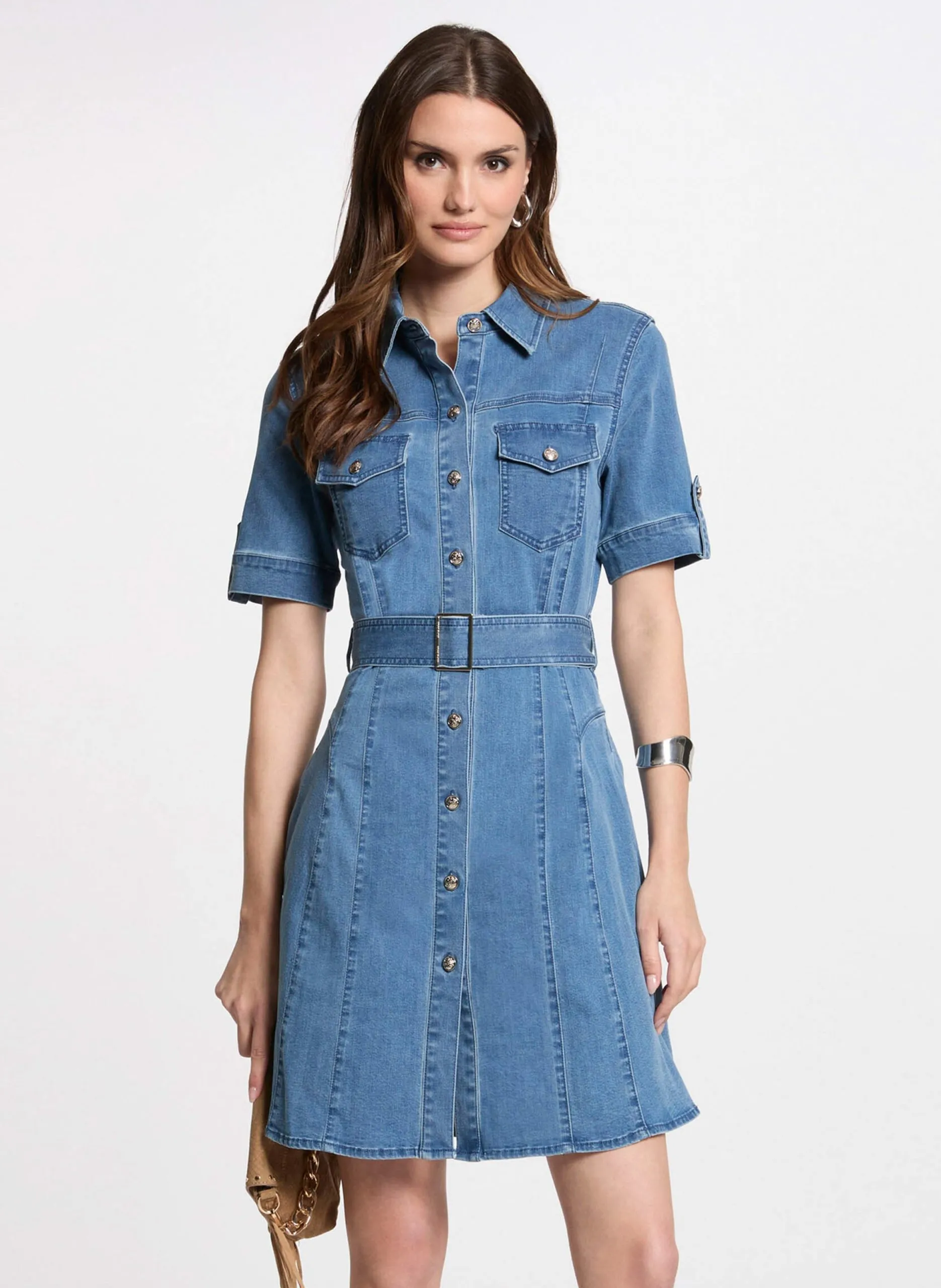 Tailliertes Kurzkleid aus Baumwoll-Mix mit klassischem Kragen Mehrfarbig 241-RIXES