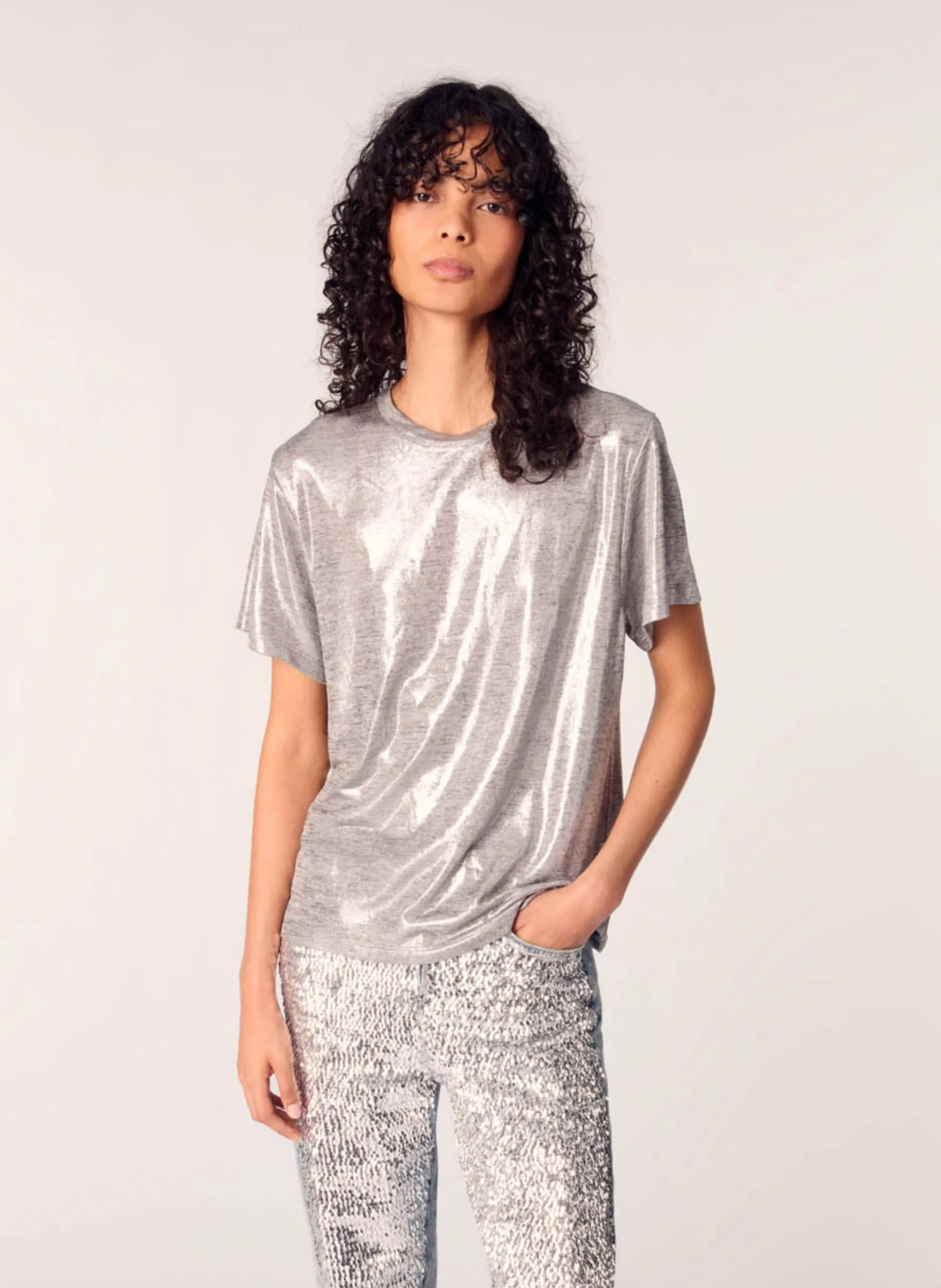 Gerade geschnittenes, lamiertes Rundhals-T-Shirt Silber