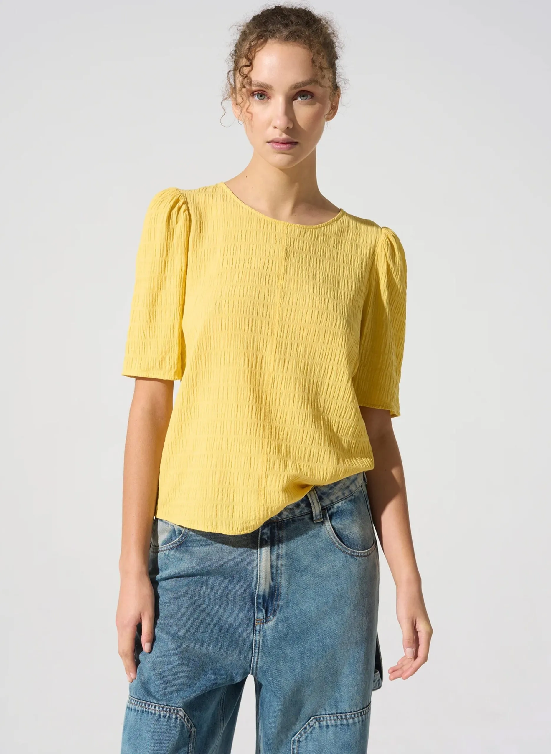 Rundhals-Top aus Baumwoll-Mix Gelb