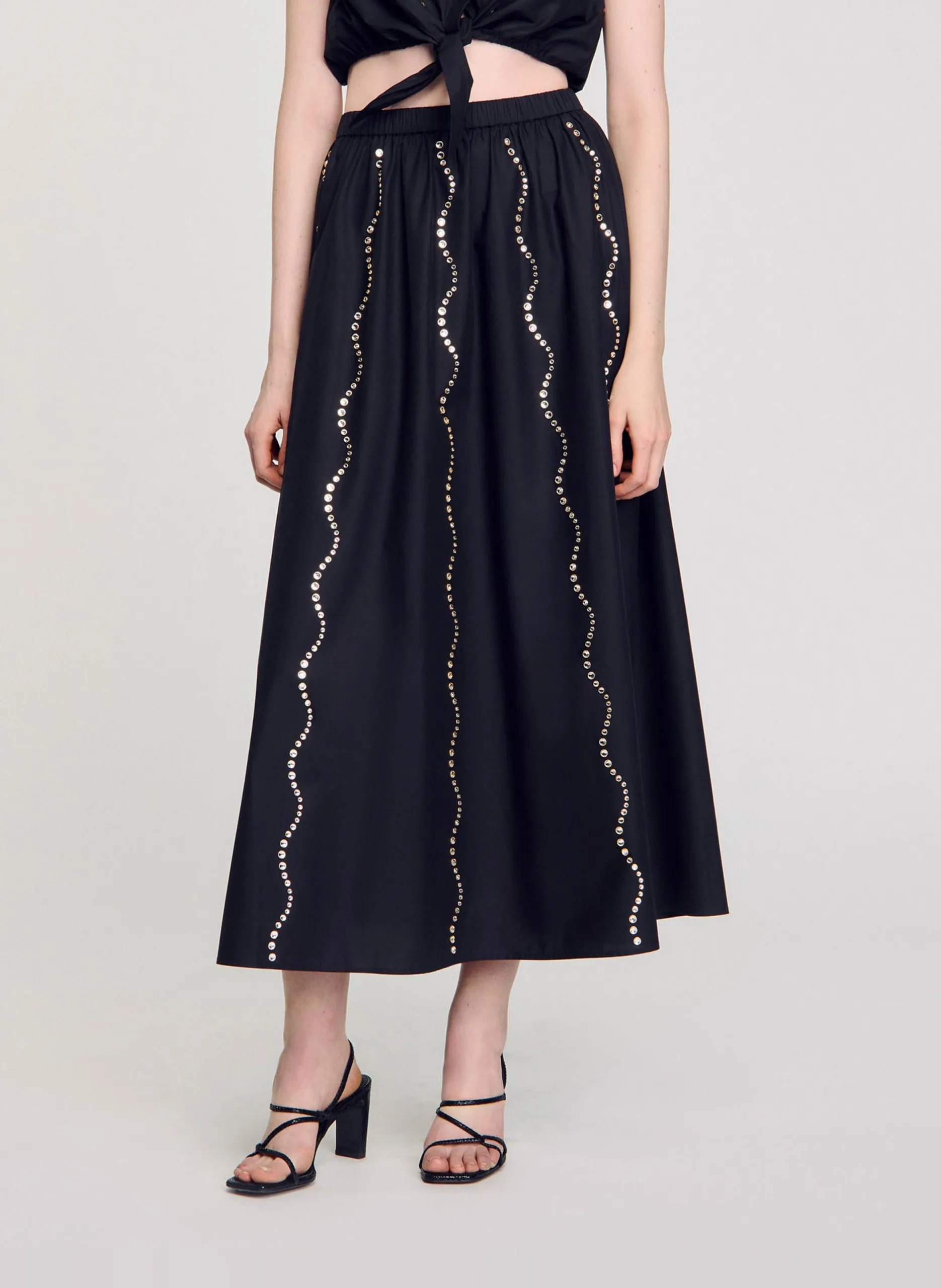 Langer Rock aus Baumwolle mit Strasssteinen Schwarz