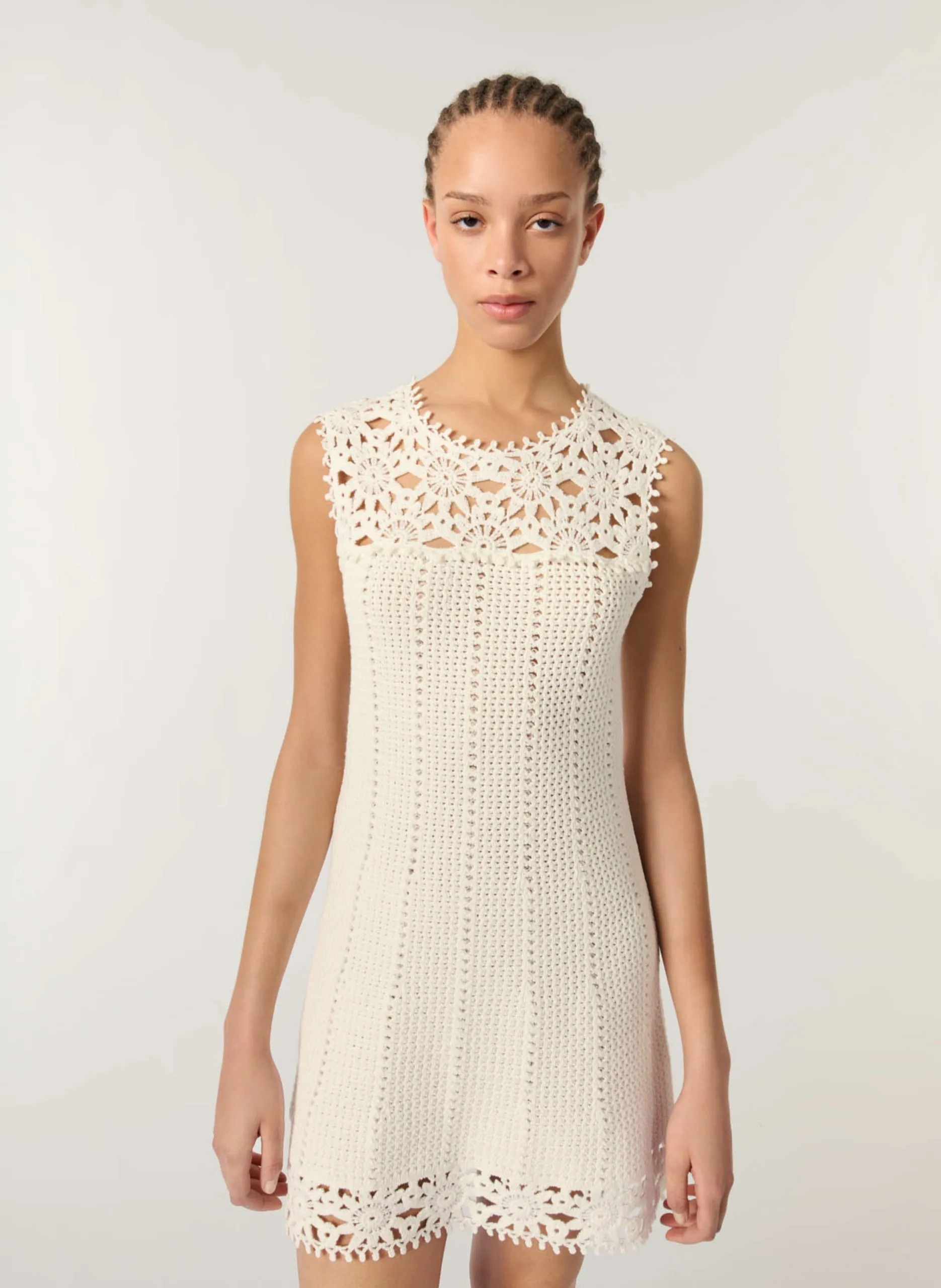 Ärmelloses Häkelkleid Weiss