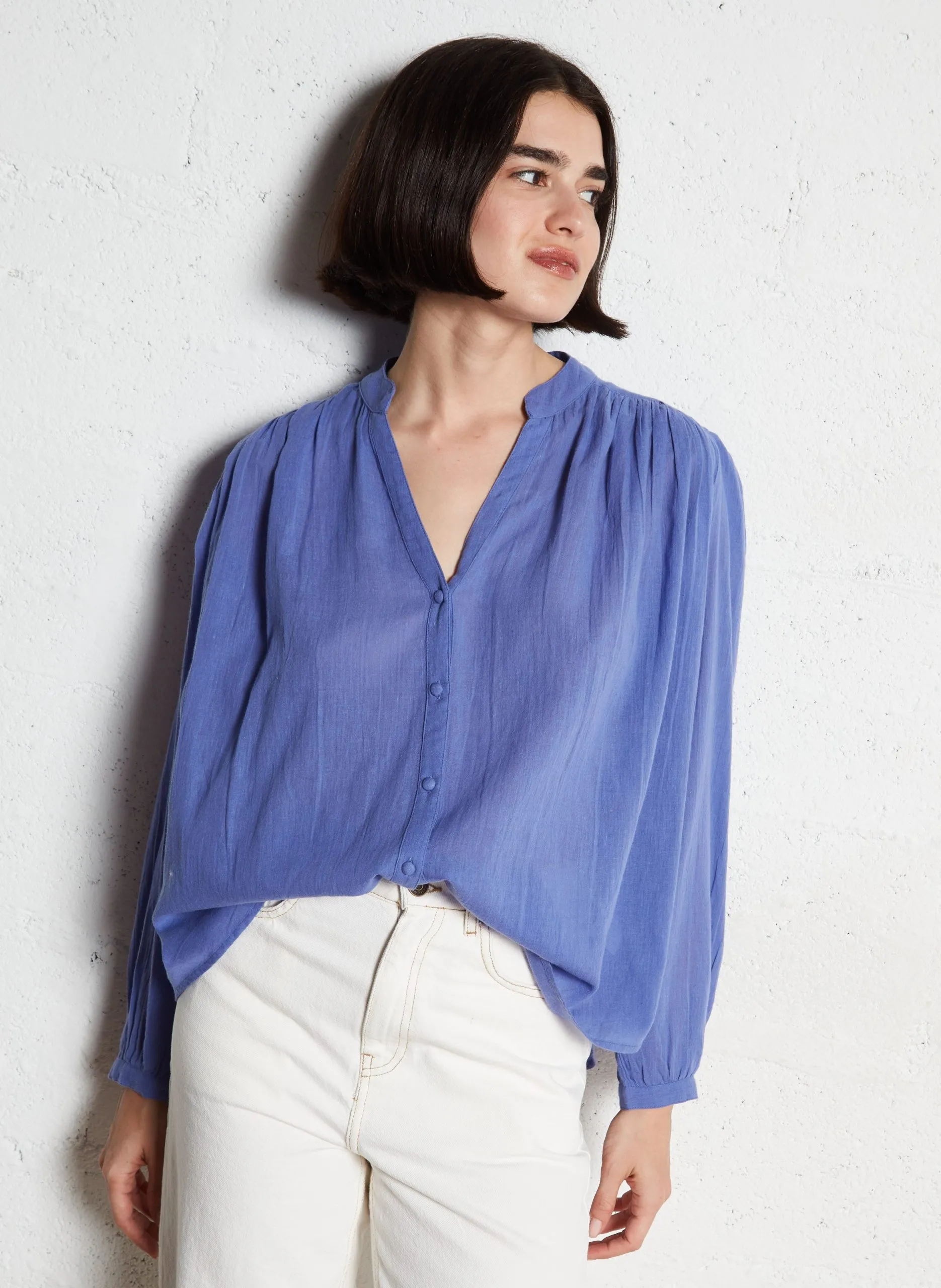 Baumwollbluse mit V-Ausschnitt Violett CASSANDRA