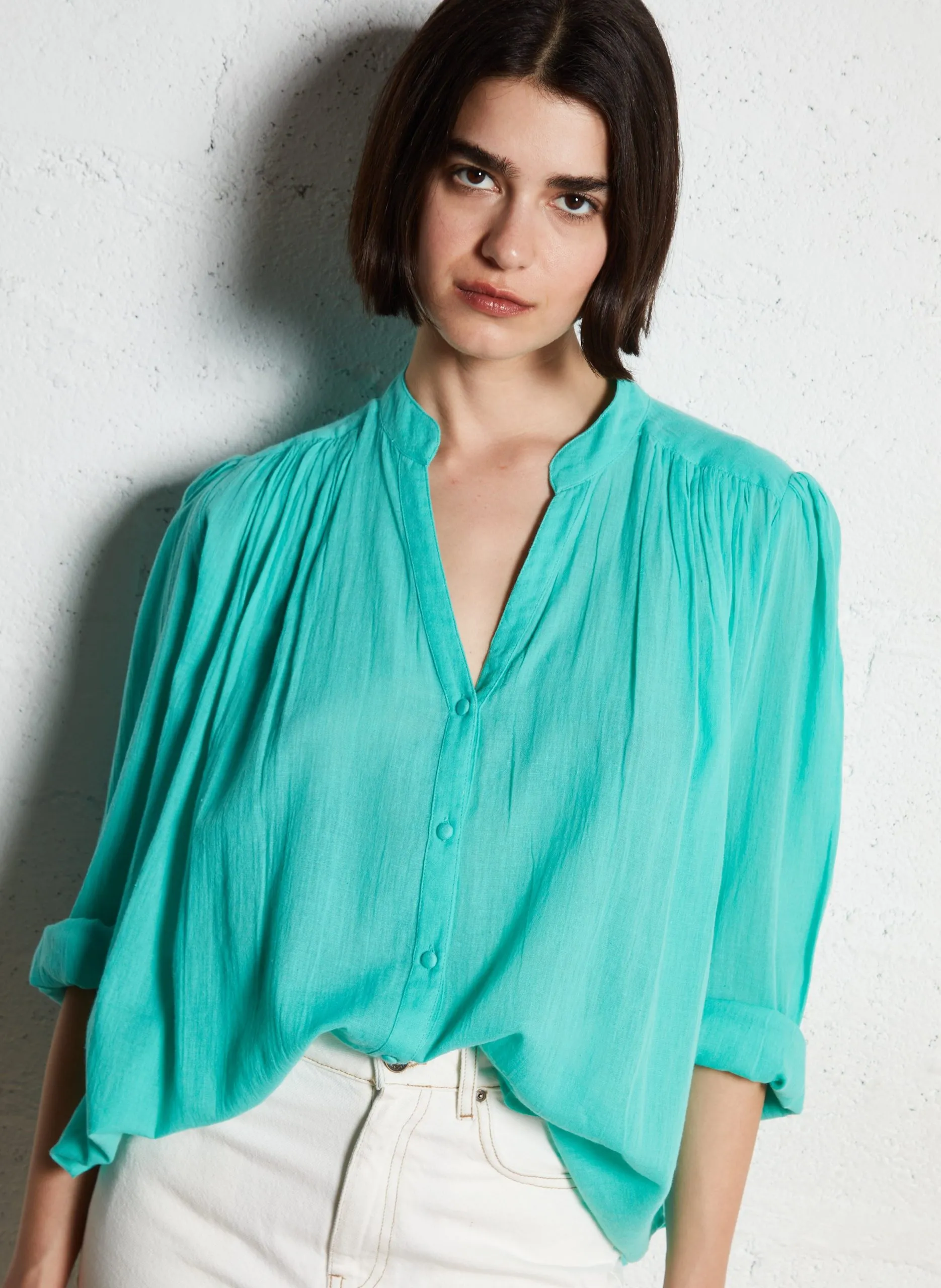 Baumwollbluse mit V-Ausschnitt Grun CASSANDRA