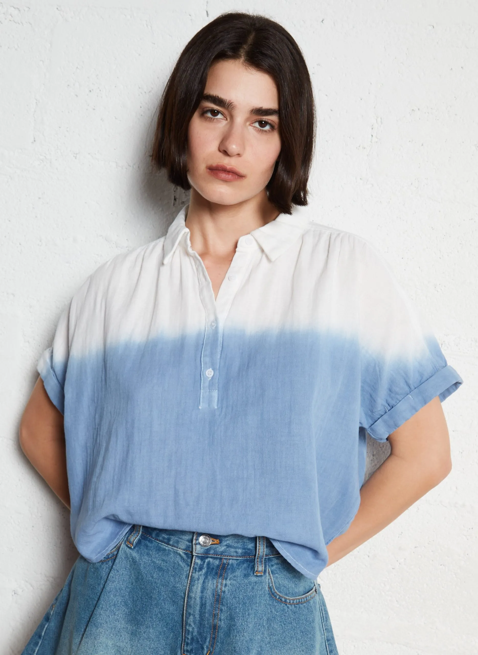 Bluse mit Hemdkragen aus Baumwolle Blau