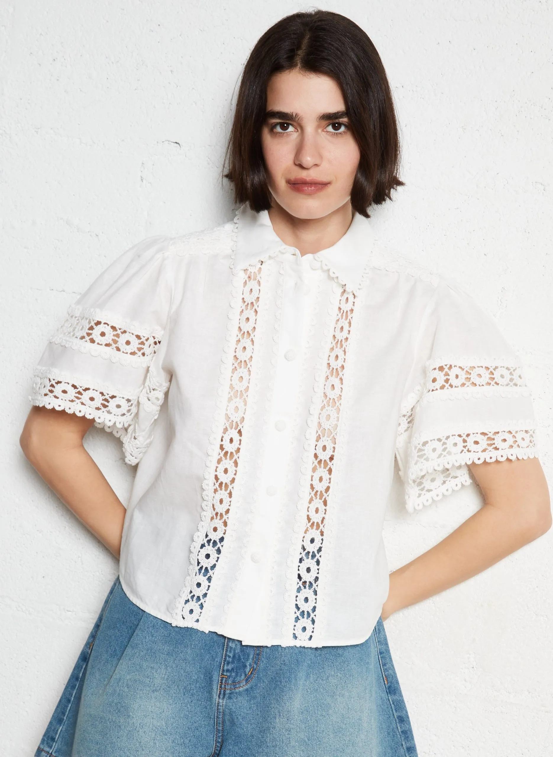 Klassisches Top aus Leinen und Baumwollmischung Weiss CELLIE