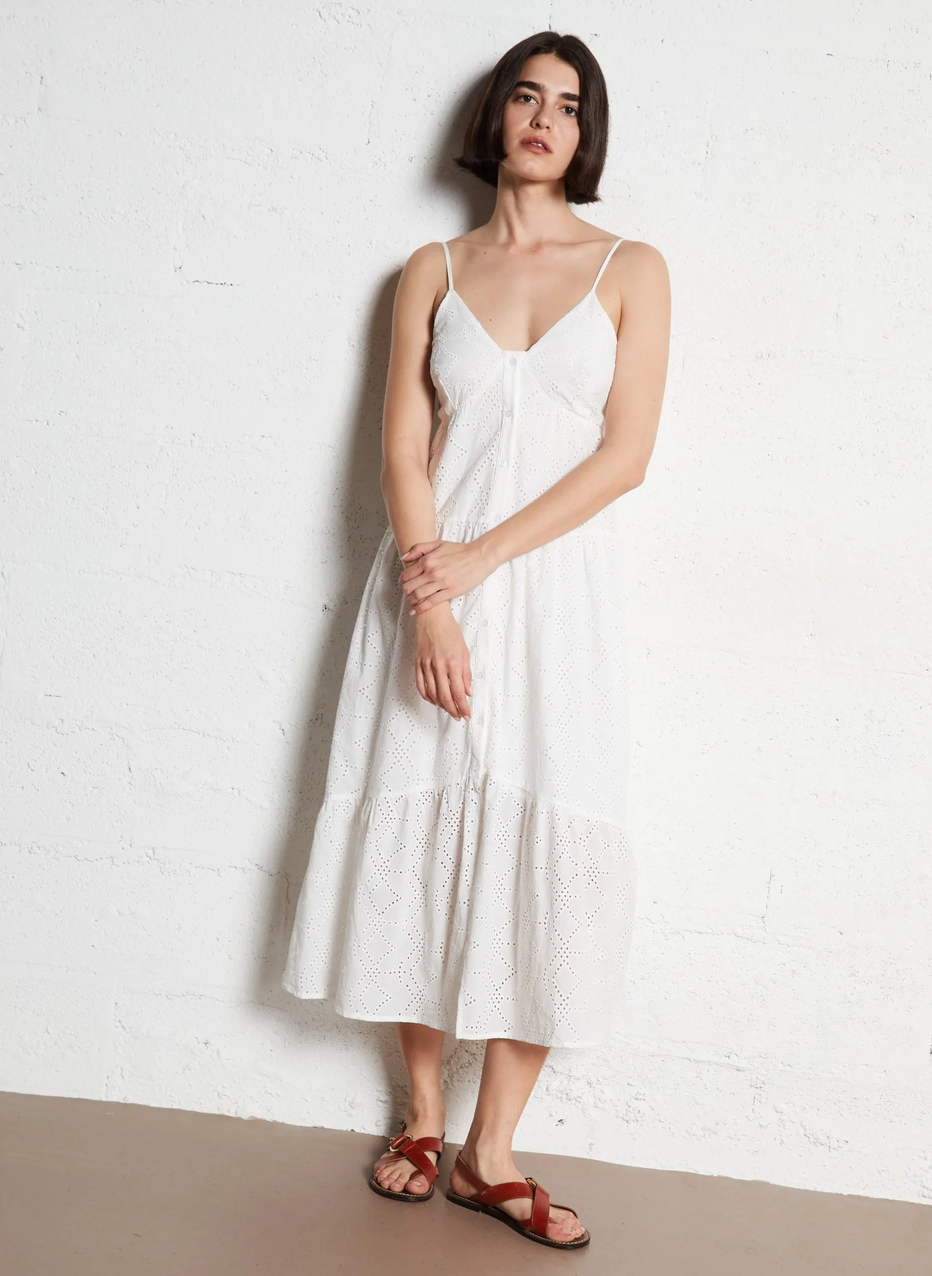 Baumwoll-Midikleid mit V-Ausschnitt Weiss