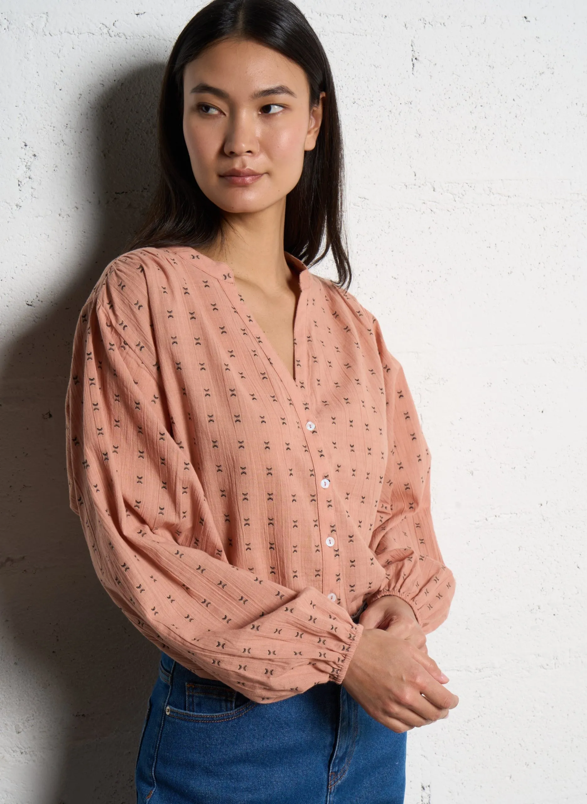 Oversize V-Ausschnitt Baumwollbluse Orange CHAYA