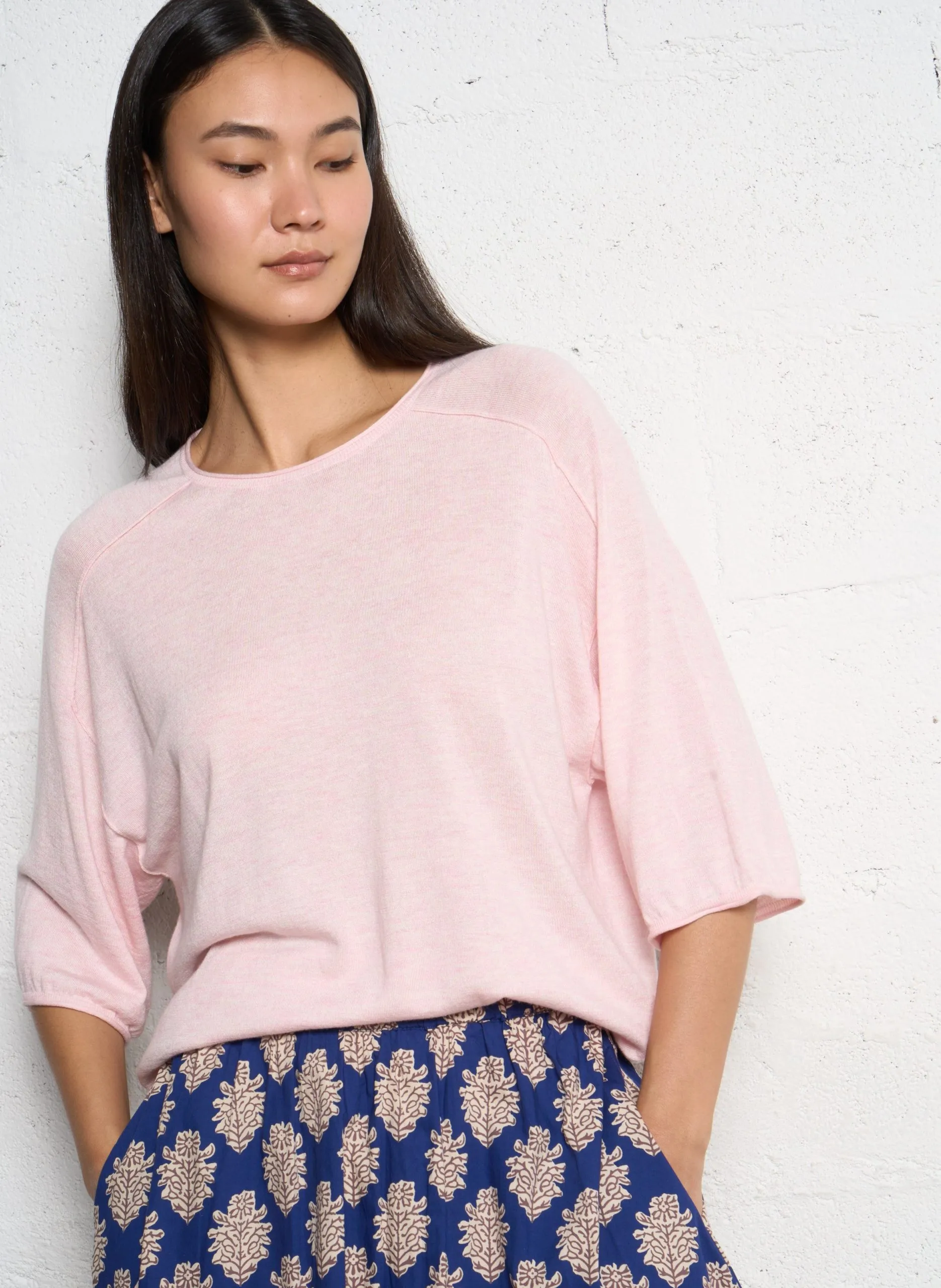 Weiter Pullover mit kurzen Ärmeln aus Wollmischung Rosa SUZANE