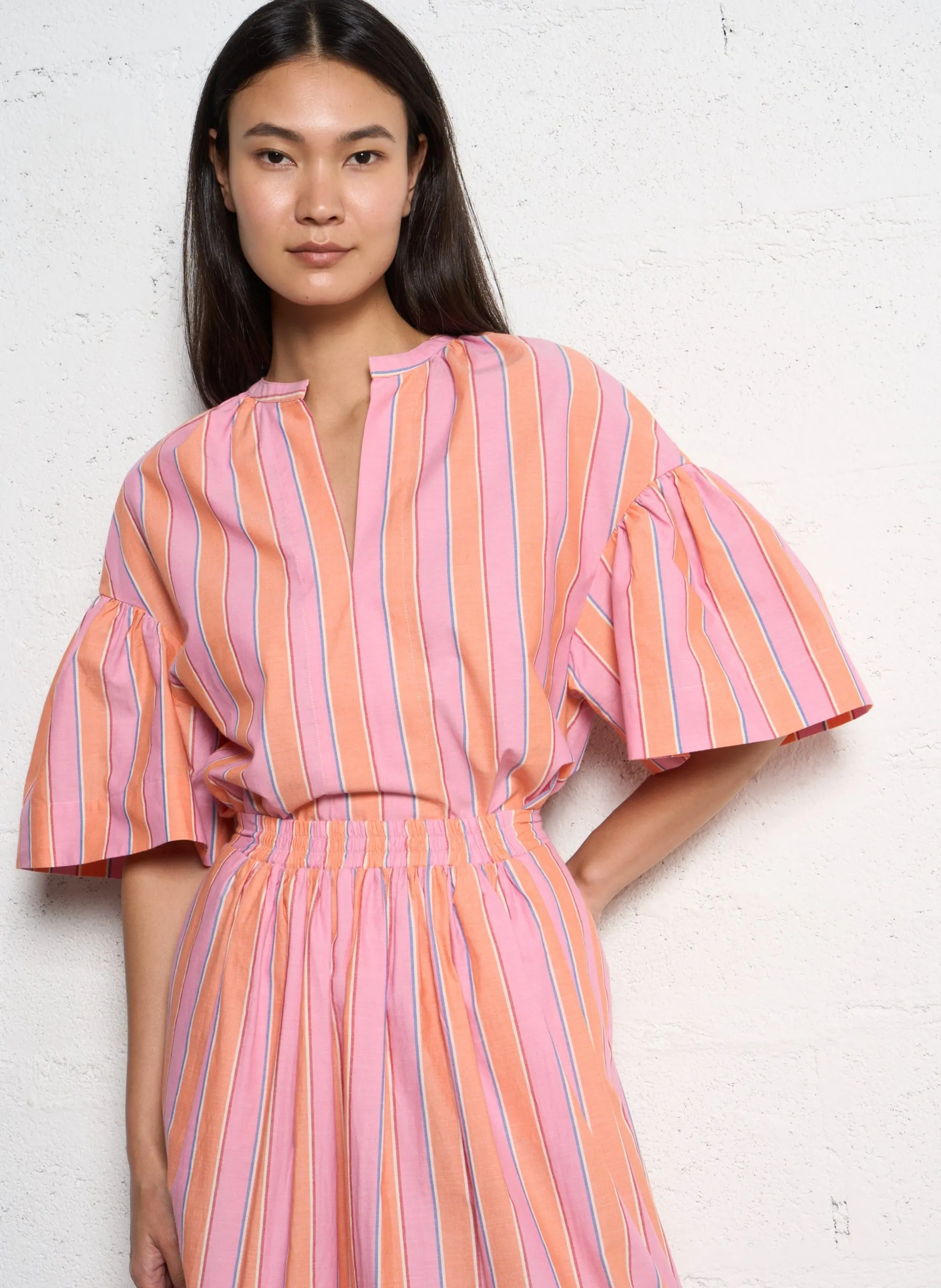 Baumwolltop mit Henley-Ausschnitt und Streifenmuster Orange CHEIK