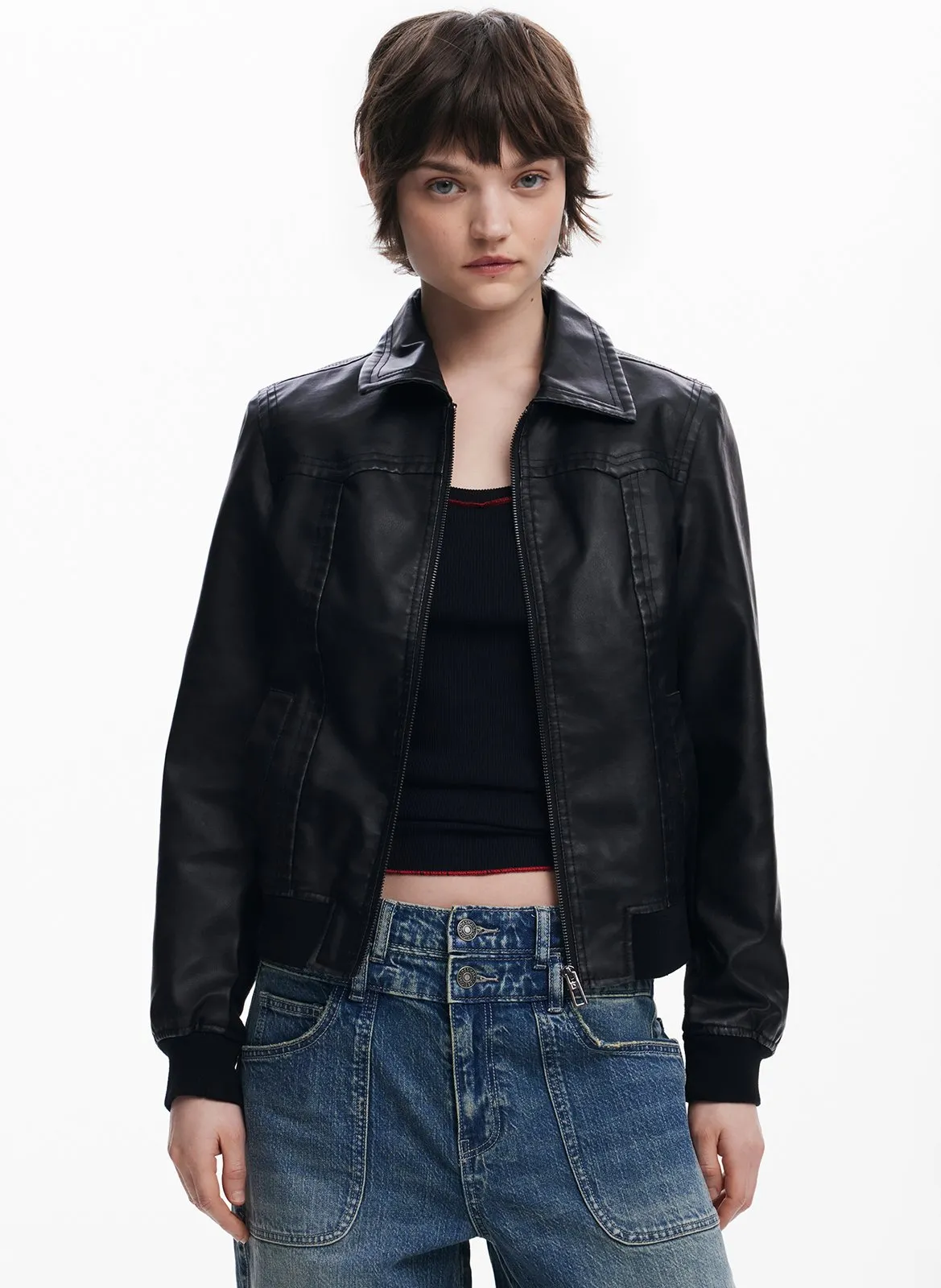 Gerader Leder-Look-Blouson Schwarz