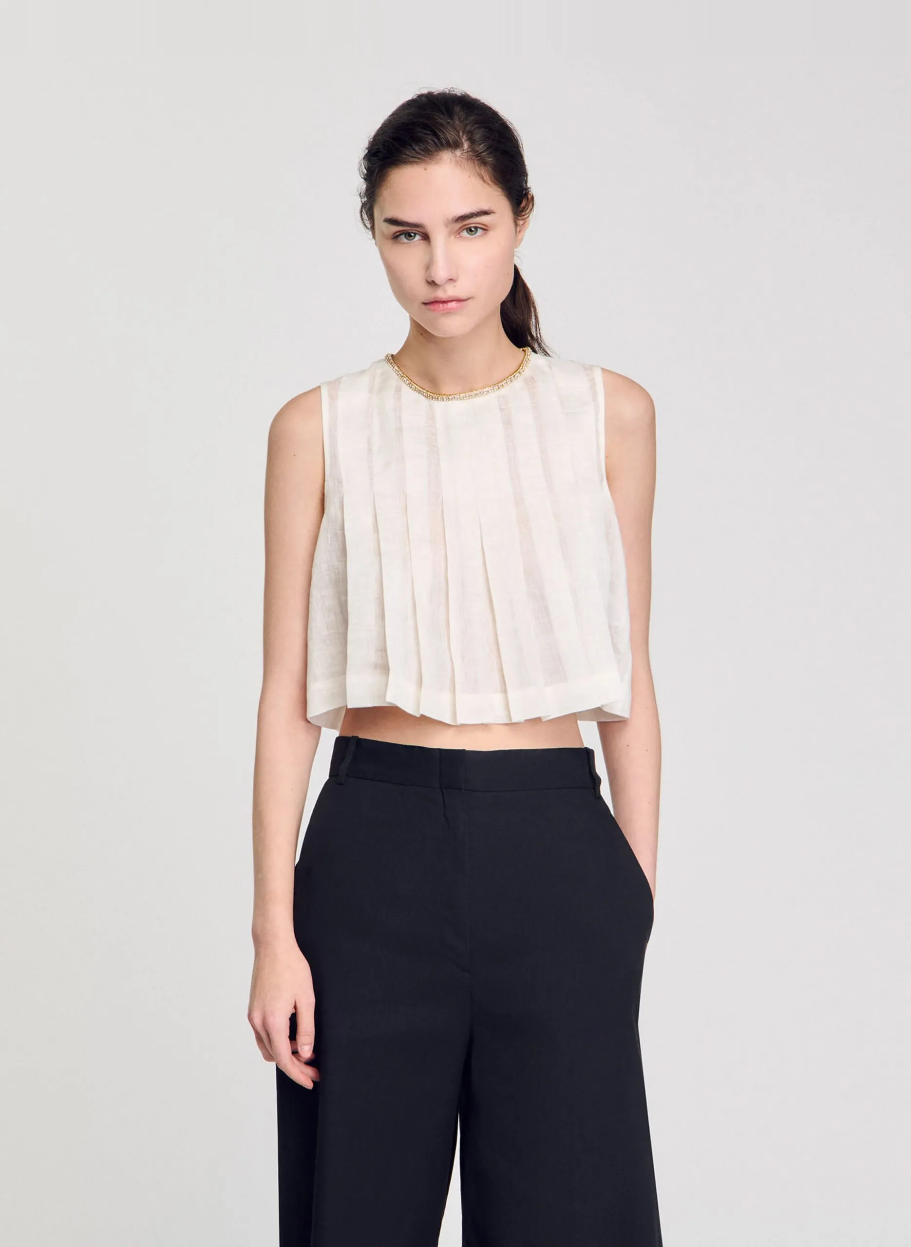 Weites Leinenmischgewebe-Oberteil Weiss