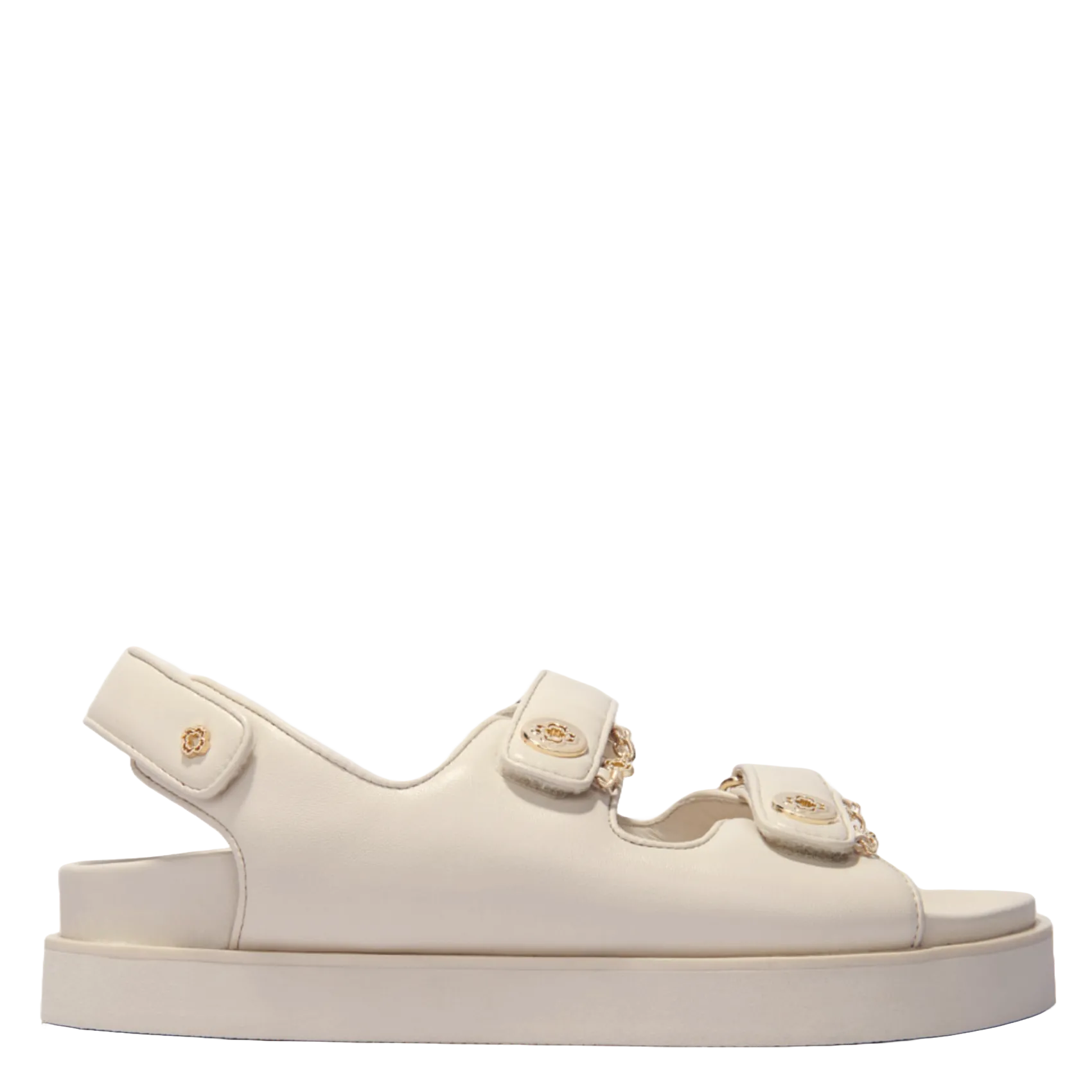 Flache Riemchensandalen aus Leder mit Schmuckbesatz Beige