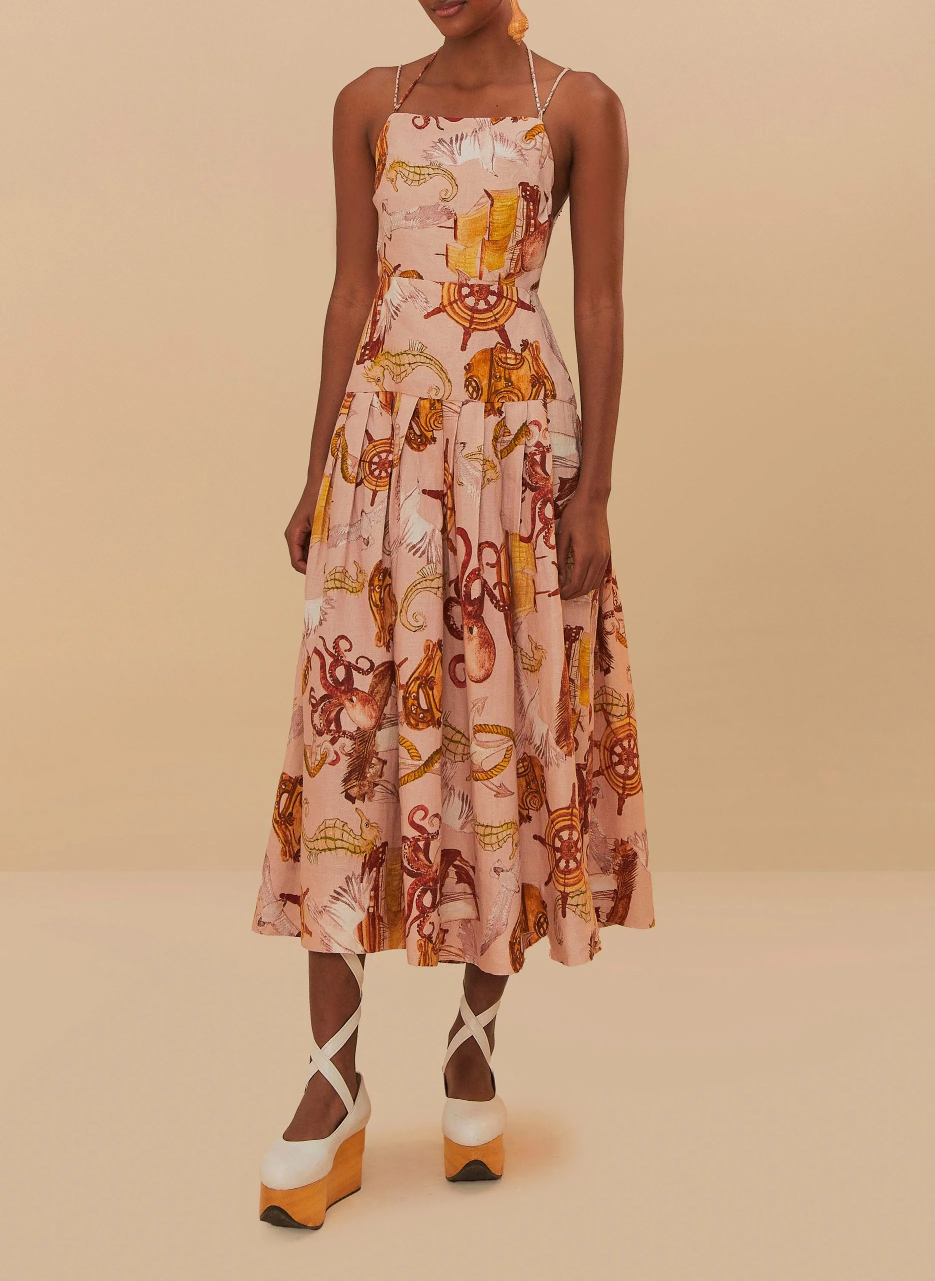 Midi-Kleid mit quadratischem Ausschnitt aus Leinenmischung Rosa