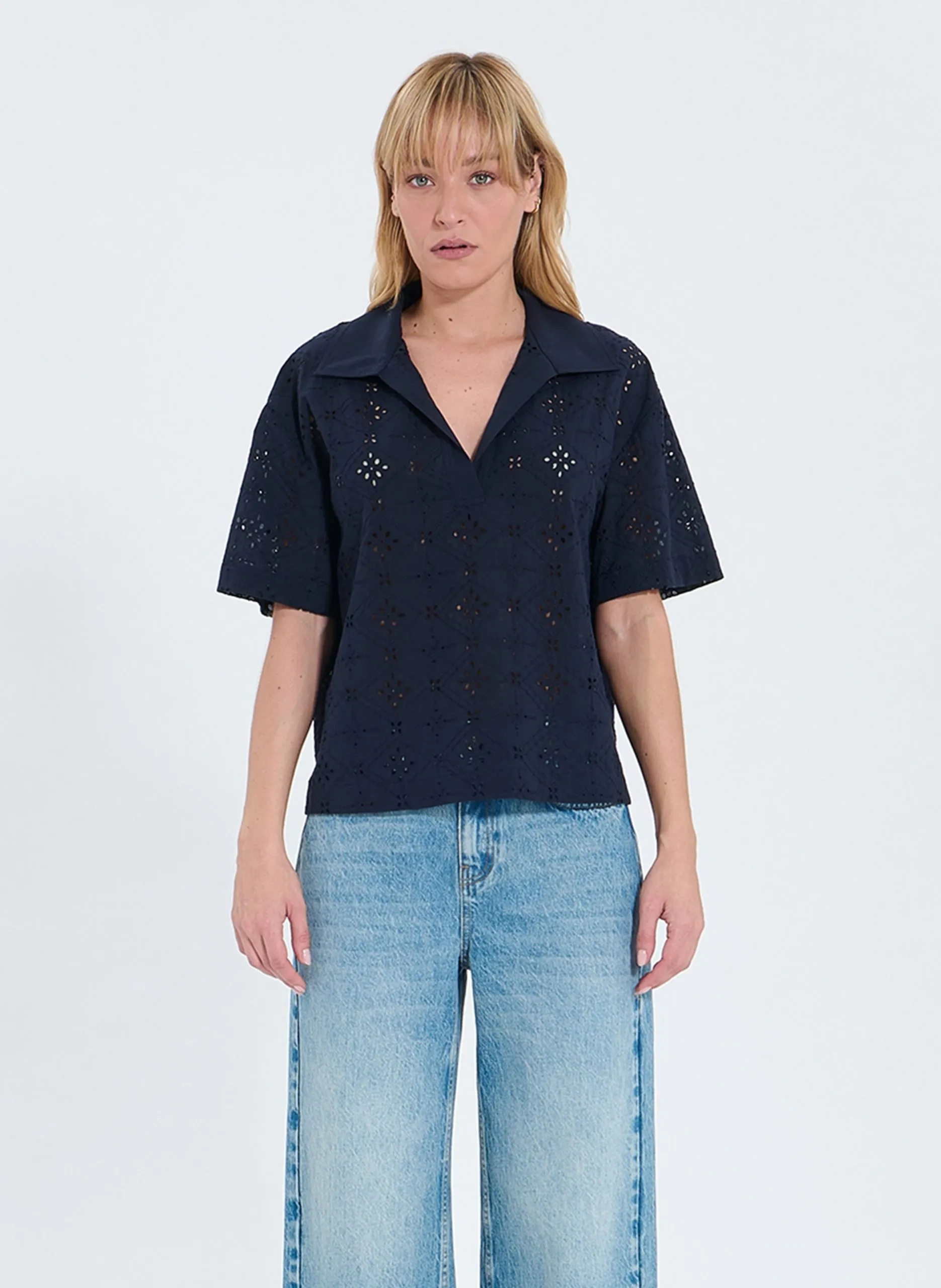 Baumwoll-Top mit V-Ausschnitt Blau TEYMA