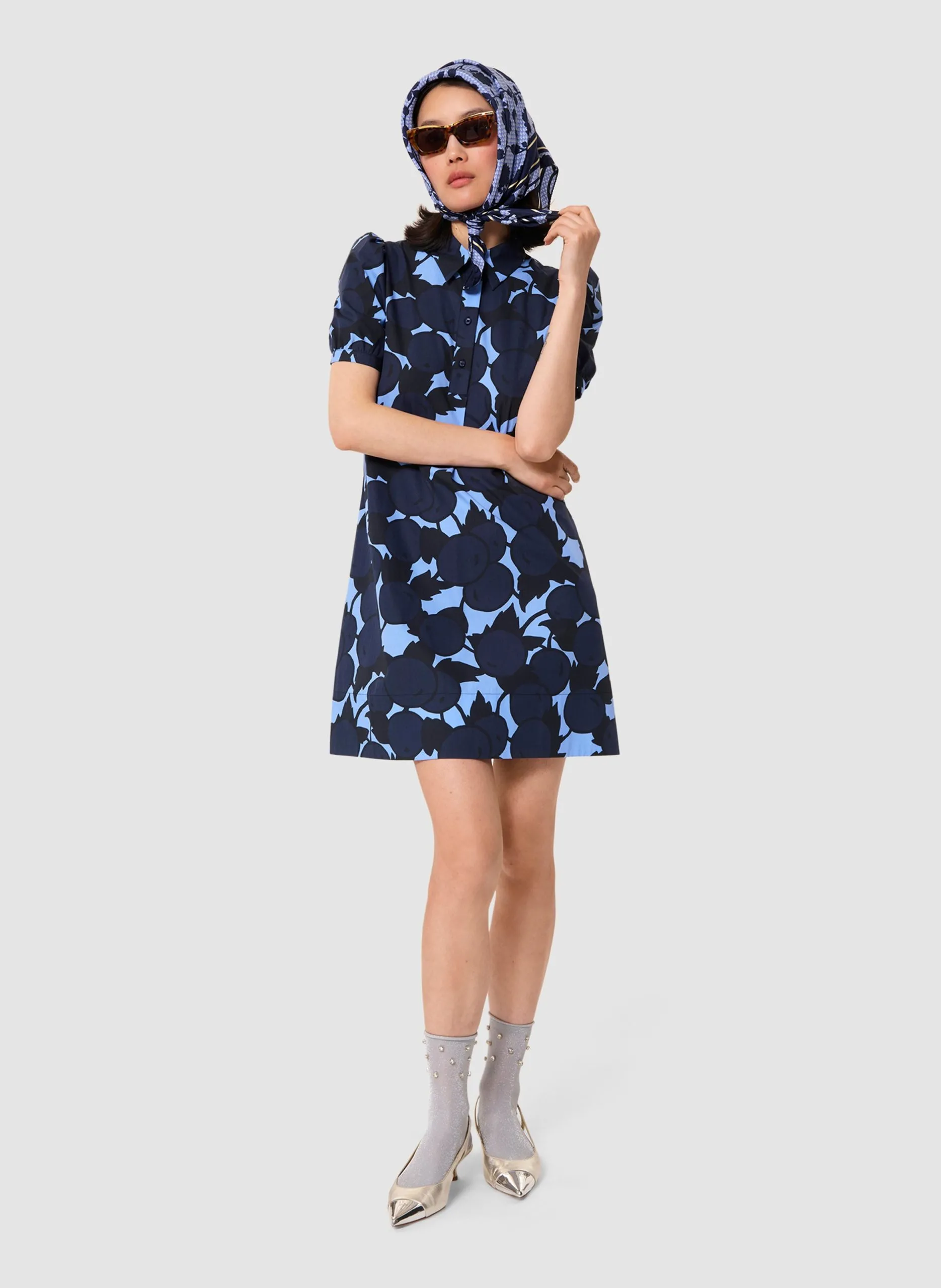 Ausgestelltes Baumwoll-Kurzkleid mit klassischem Kragen Blau ROMANCINE