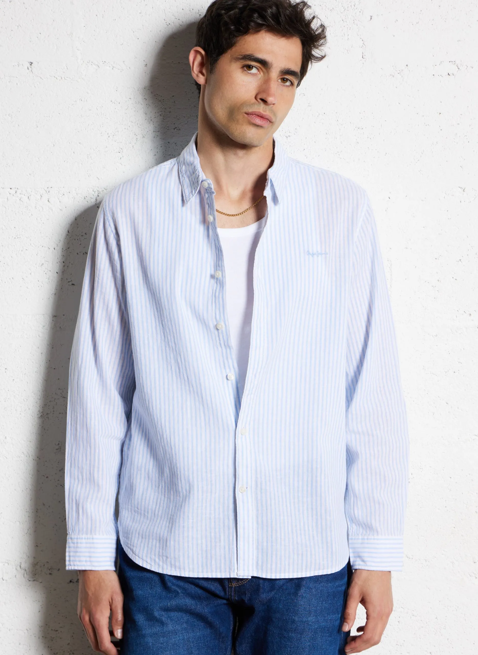 Gerade Leinenmischung gestreiftes Hemd Blau