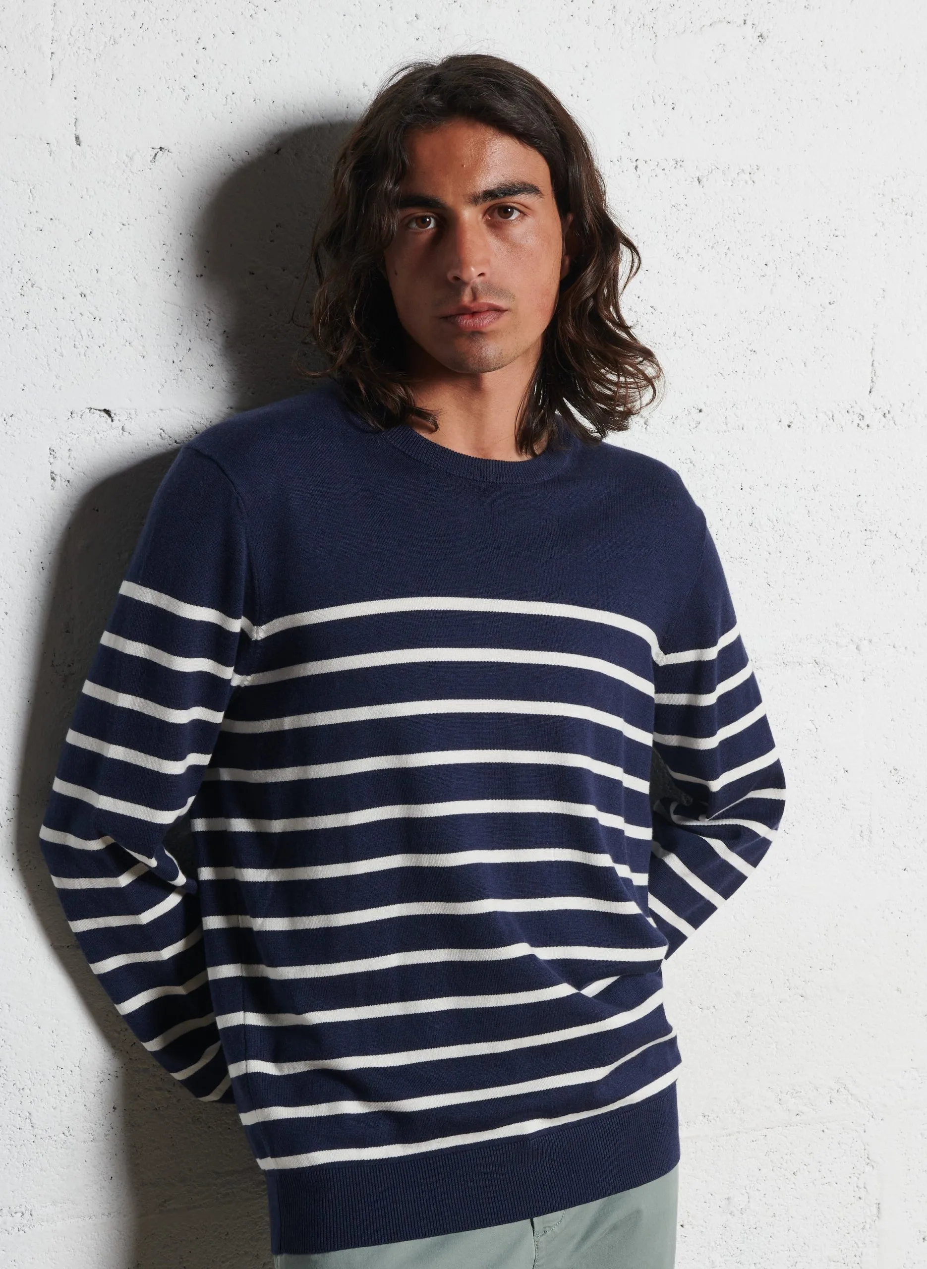 Rundhalspullover aus Baumwolle und Seide mit Streifen Blau