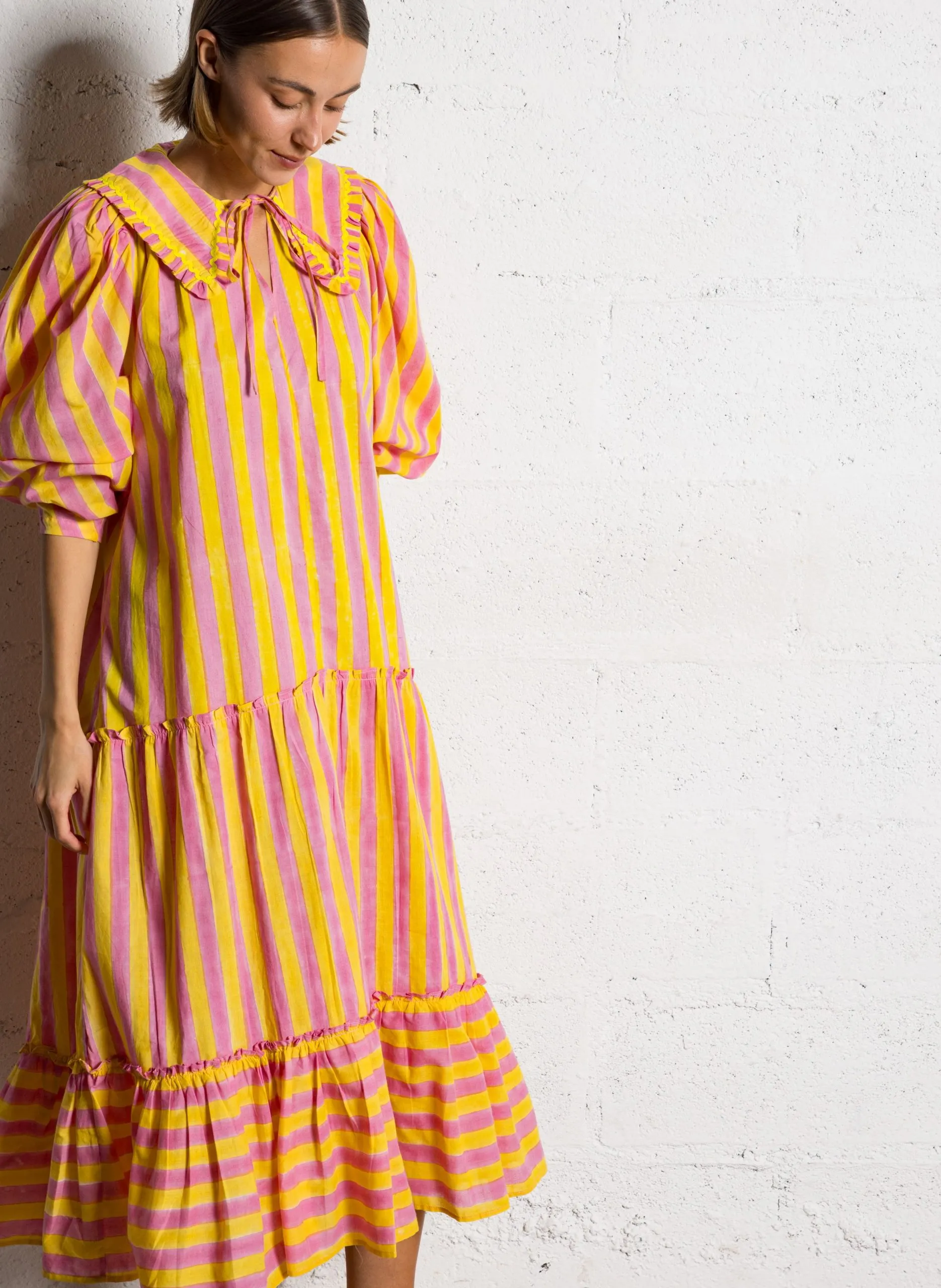 Langes Kleid mit Umlegekragen aus Baumwolle Mehrfarbig LETICIA