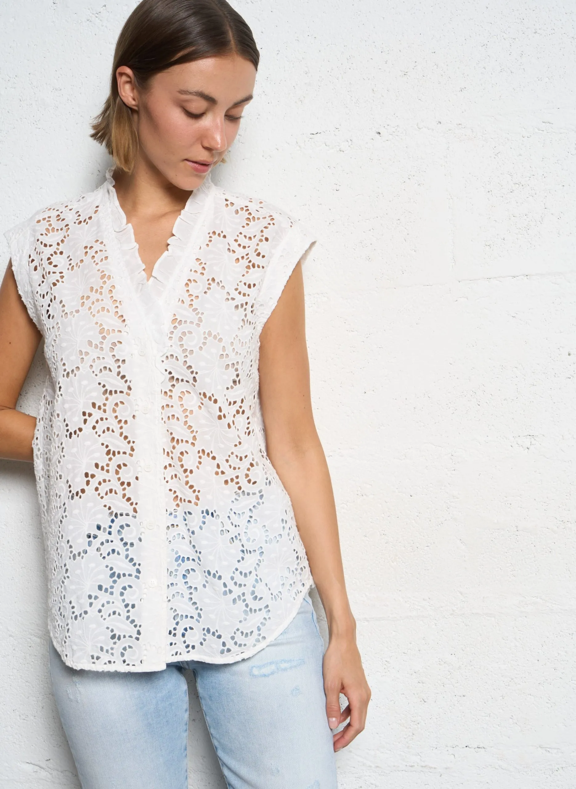 Gerade Bluse aus bestickter Baumwolle Weiss BAMBA