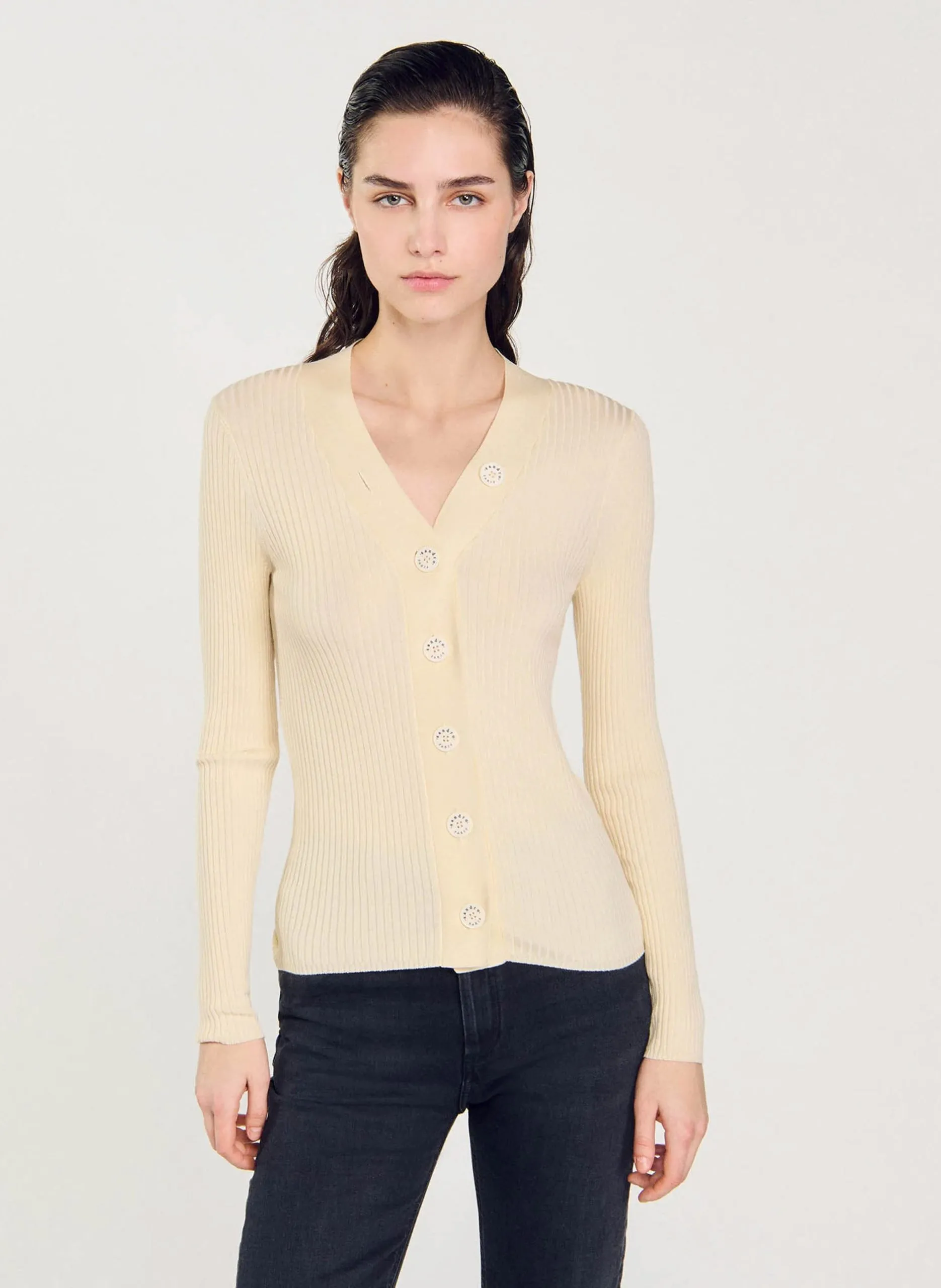 Geknöpfte Rippstrick-Jacke mit V-Ausschnitt Weiss