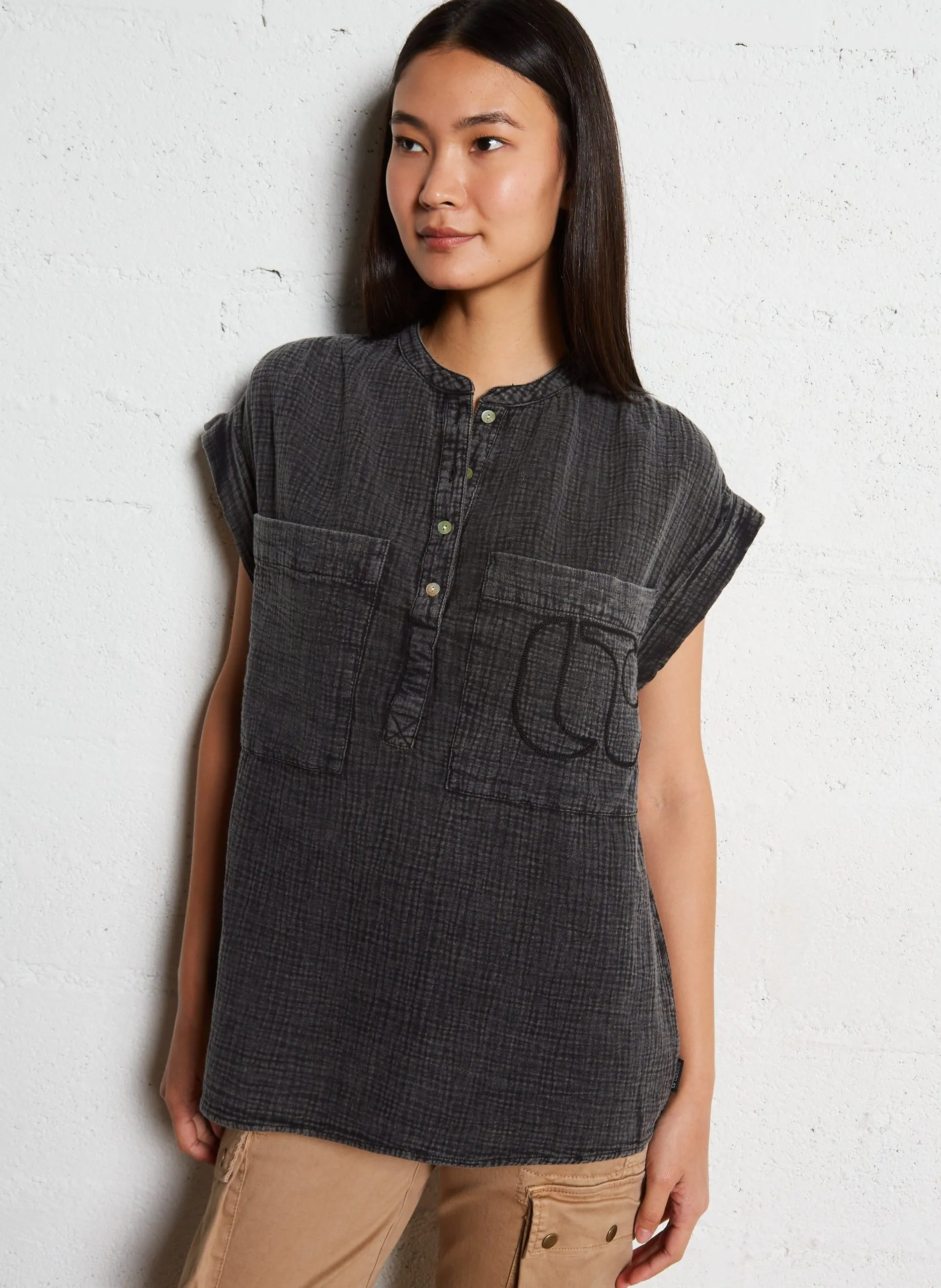 Baumwollbluse mit Rundhalsausschnitt Schwarz CLAUDIE