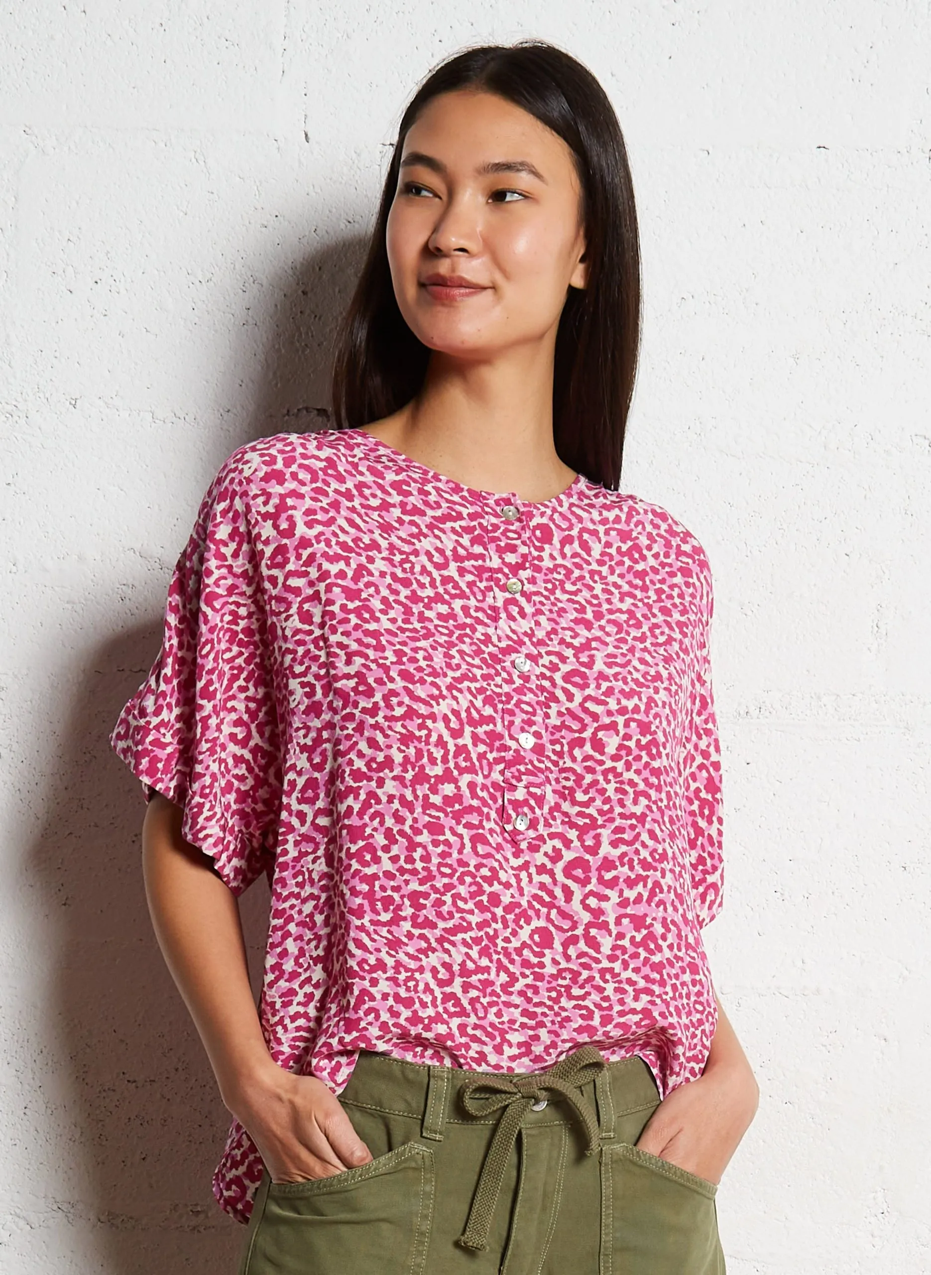 Bedrucktes Rundhals-Top aus Baumwoll-Mix Rosa MAMBO