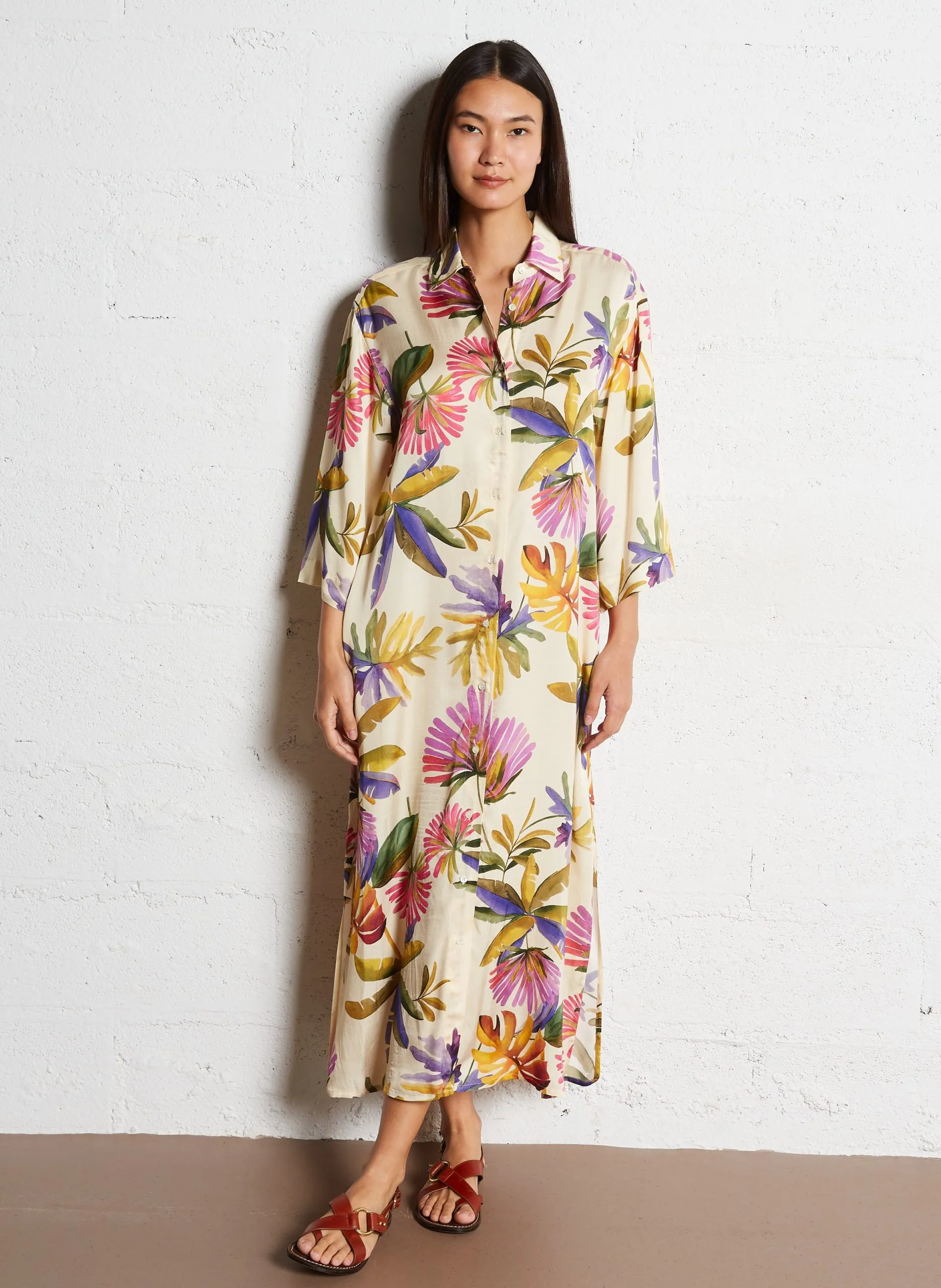 Langes, bedrucktes Hemdkleid Beige RUNE