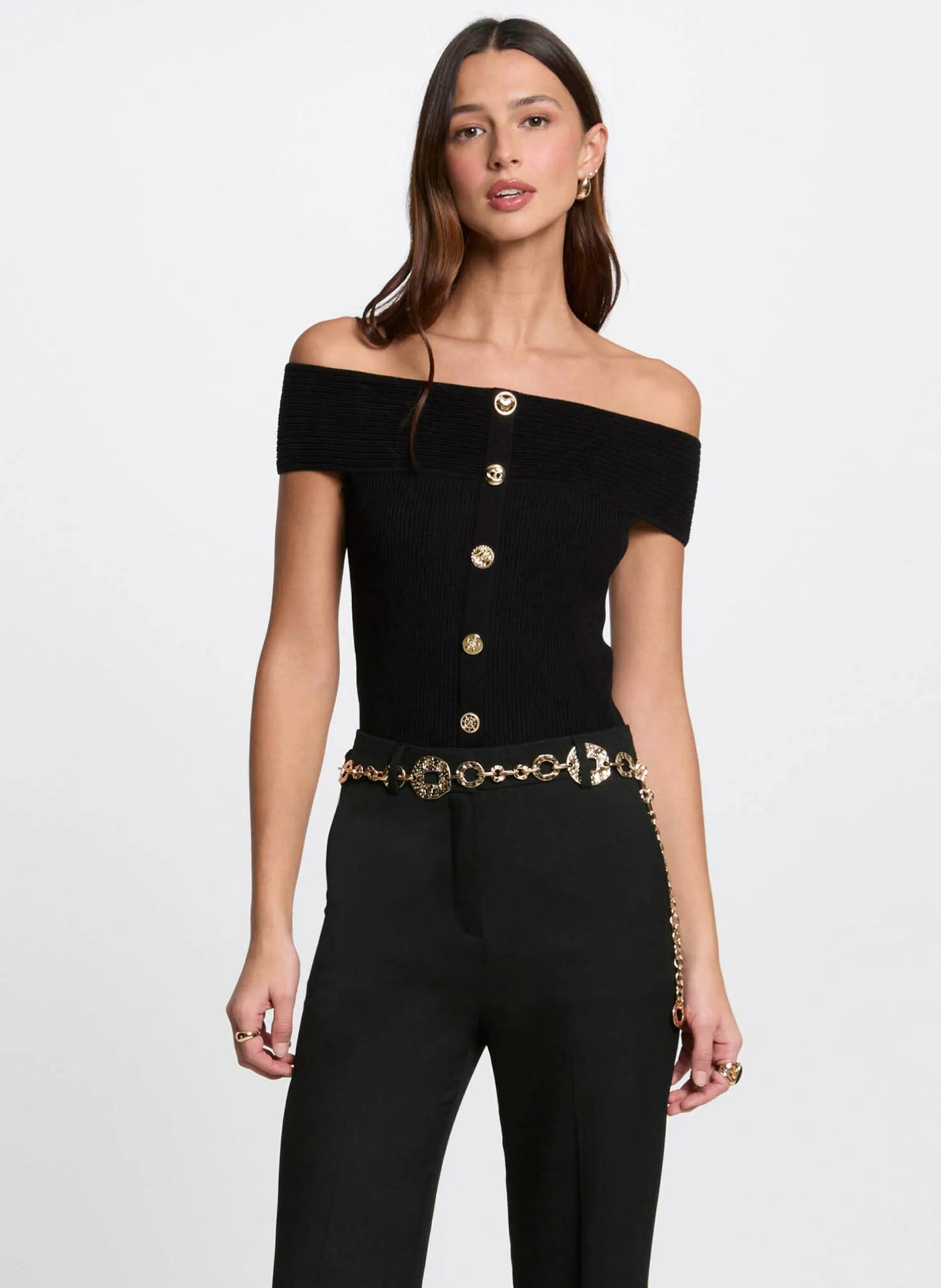 Schulterfreier Pullover Schwarz 251-MDONA