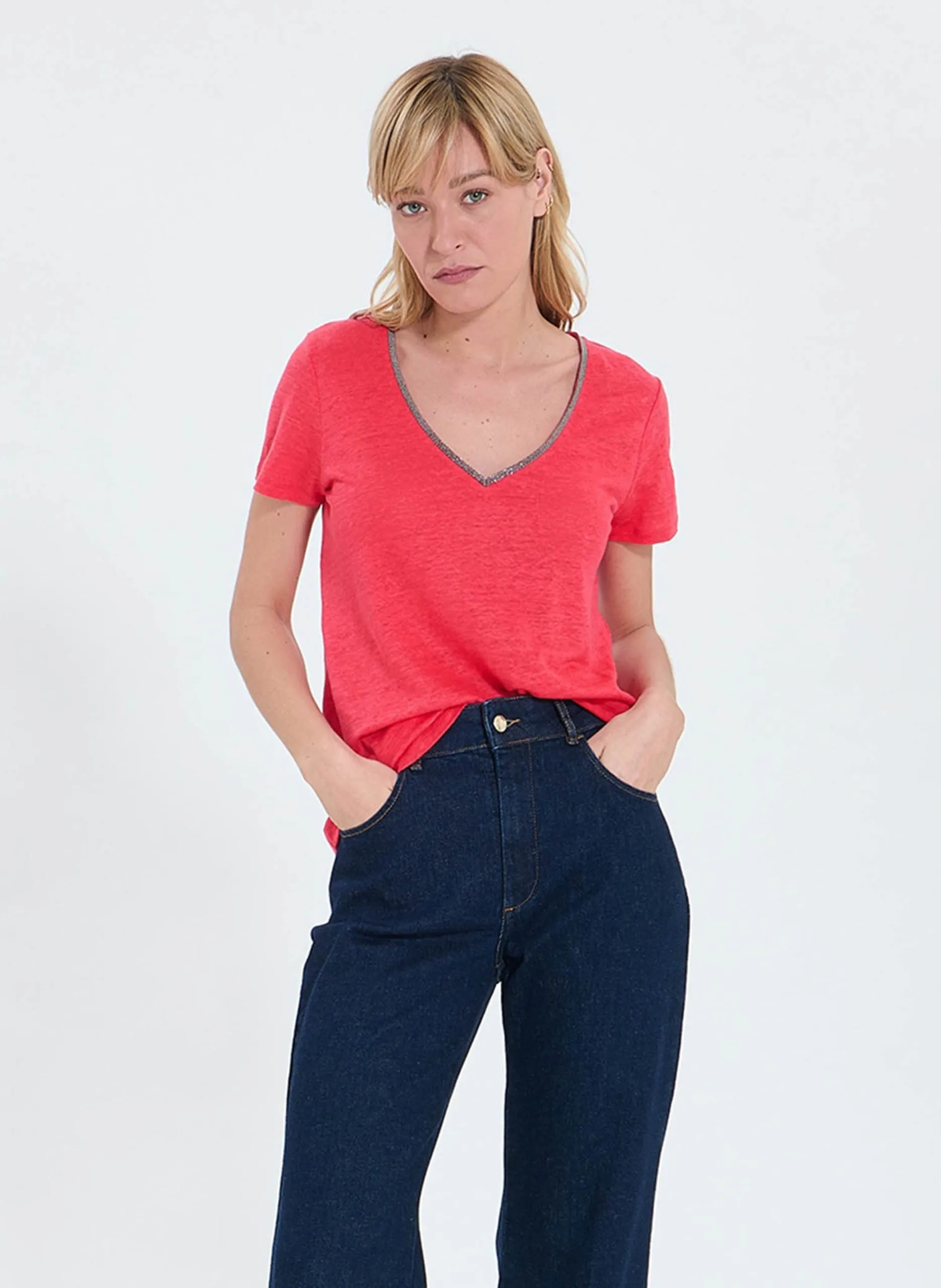 Gerader Leinenstreifen-Top Rosa TASMANIE