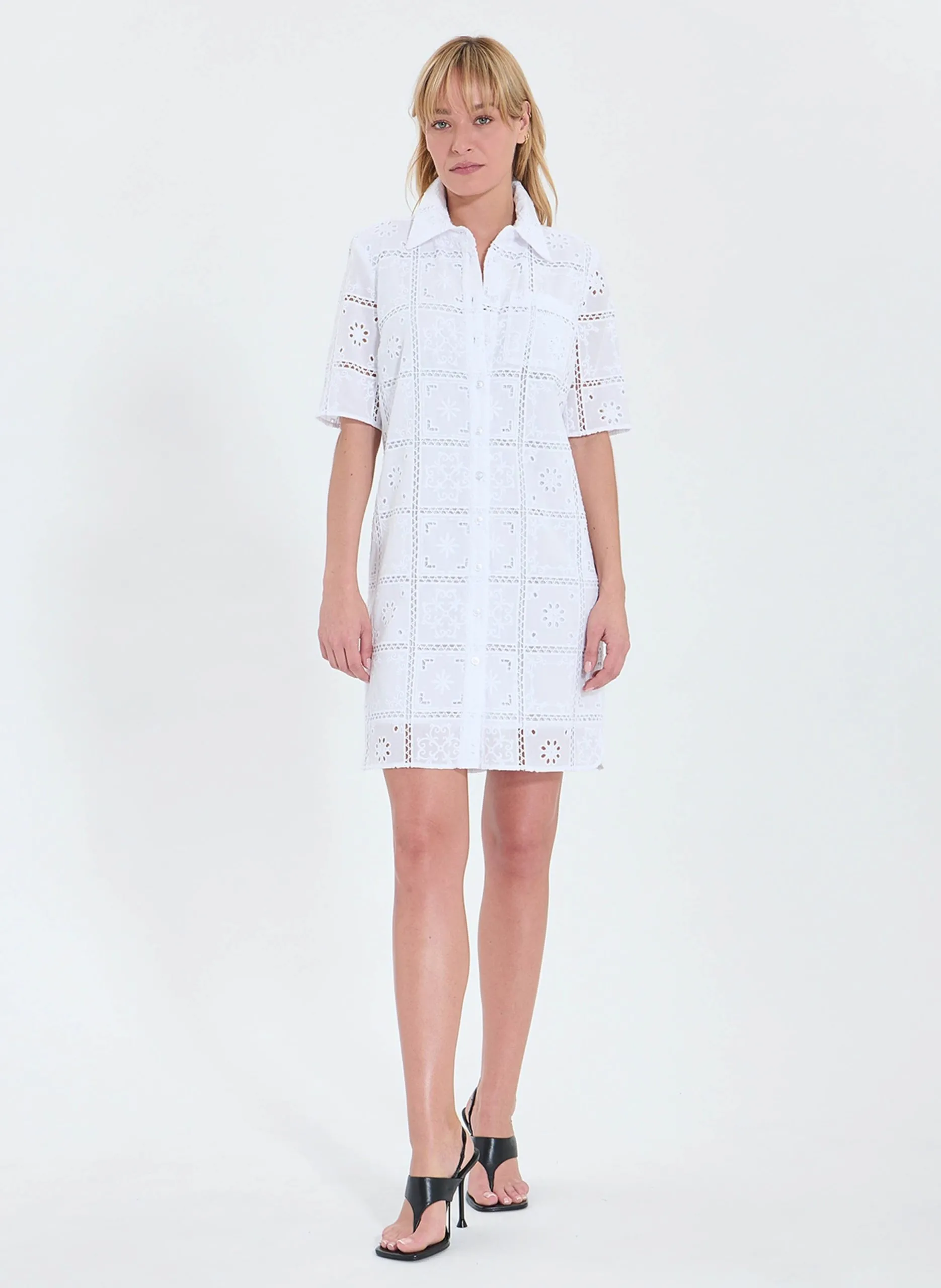 Ausgestelltes Baumwoll-Kurzkleid mit klassischem Kragen Weiss RELINA