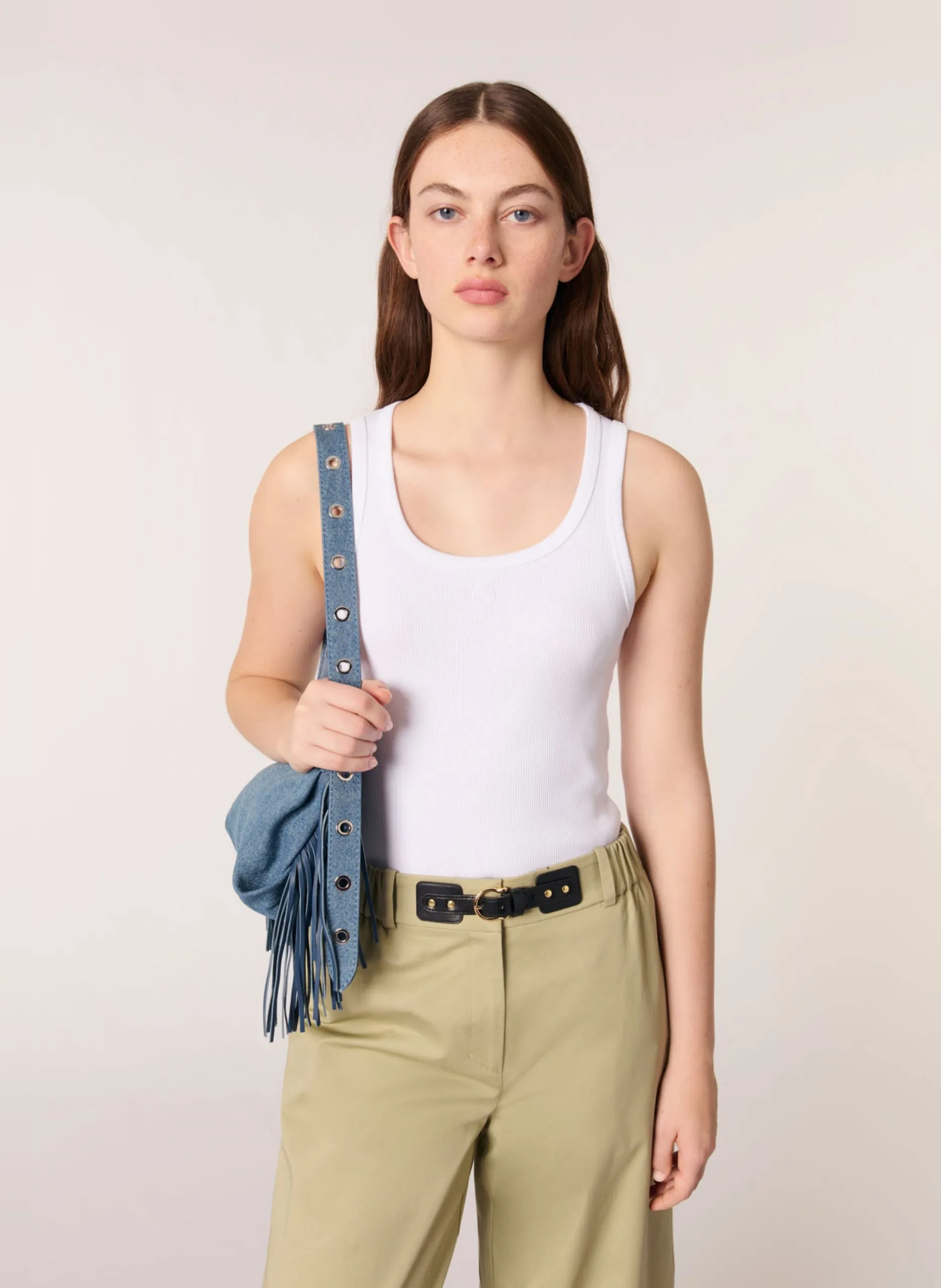 Gerade geschnittenes, geripptes Tanktop aus Baumwolle mit Rundhalsausschnitt Weiss