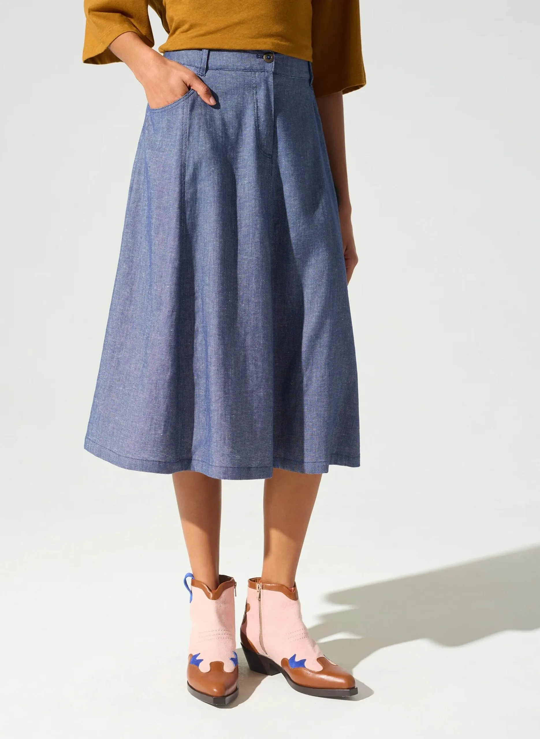 Ausgestellter Midi-Rock im Denim-Look Blau