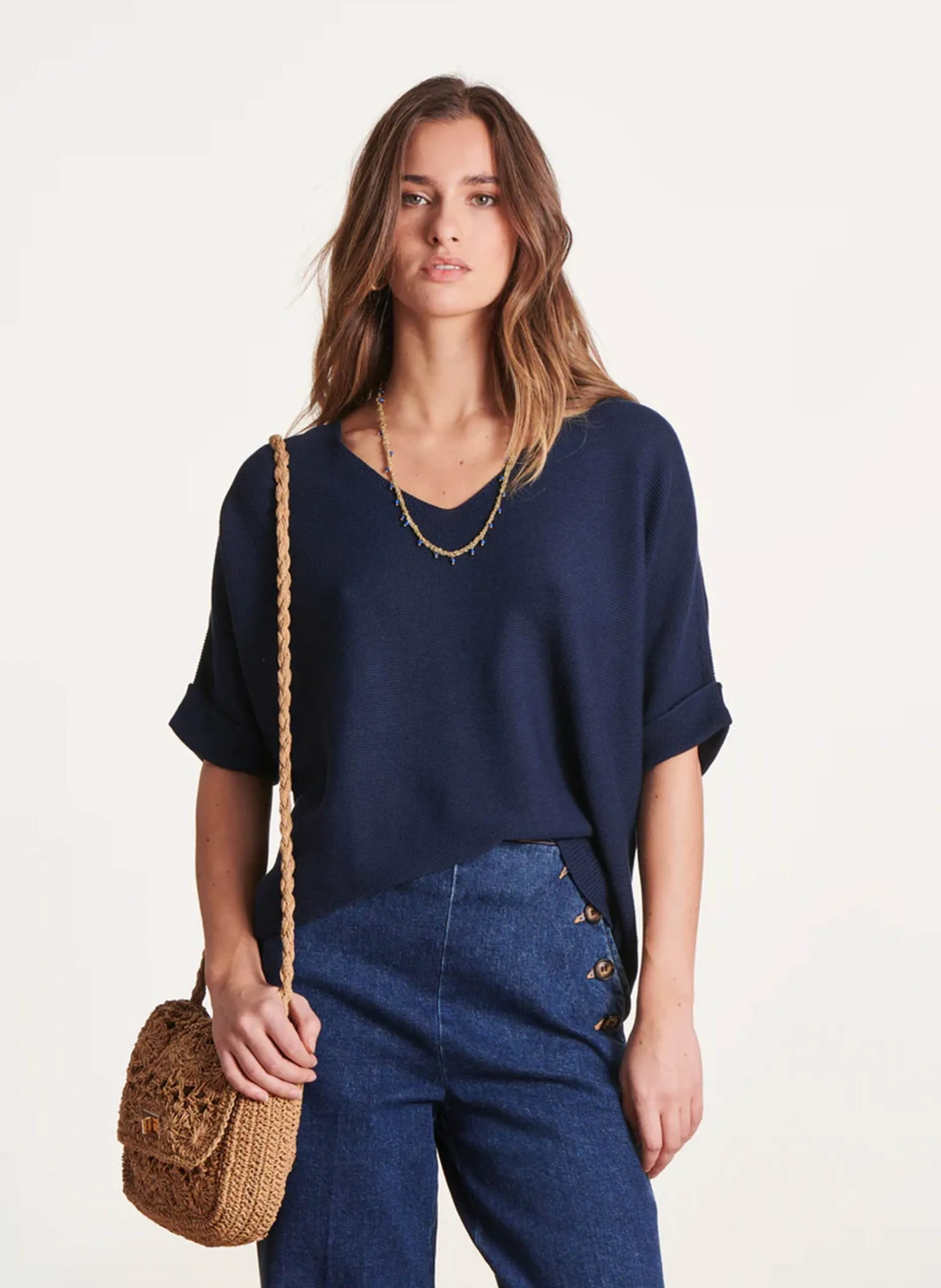 Weites Strick-Top mit V-Ausschnitt Blau