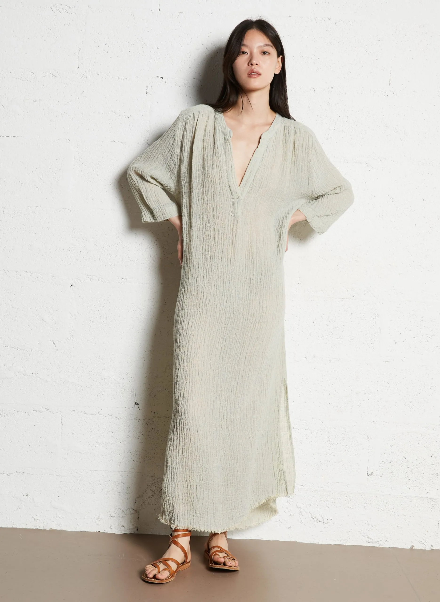 Langes Kleid aus Leinen-Mix mit Henley-Ausschnitt Grun TALAIOT