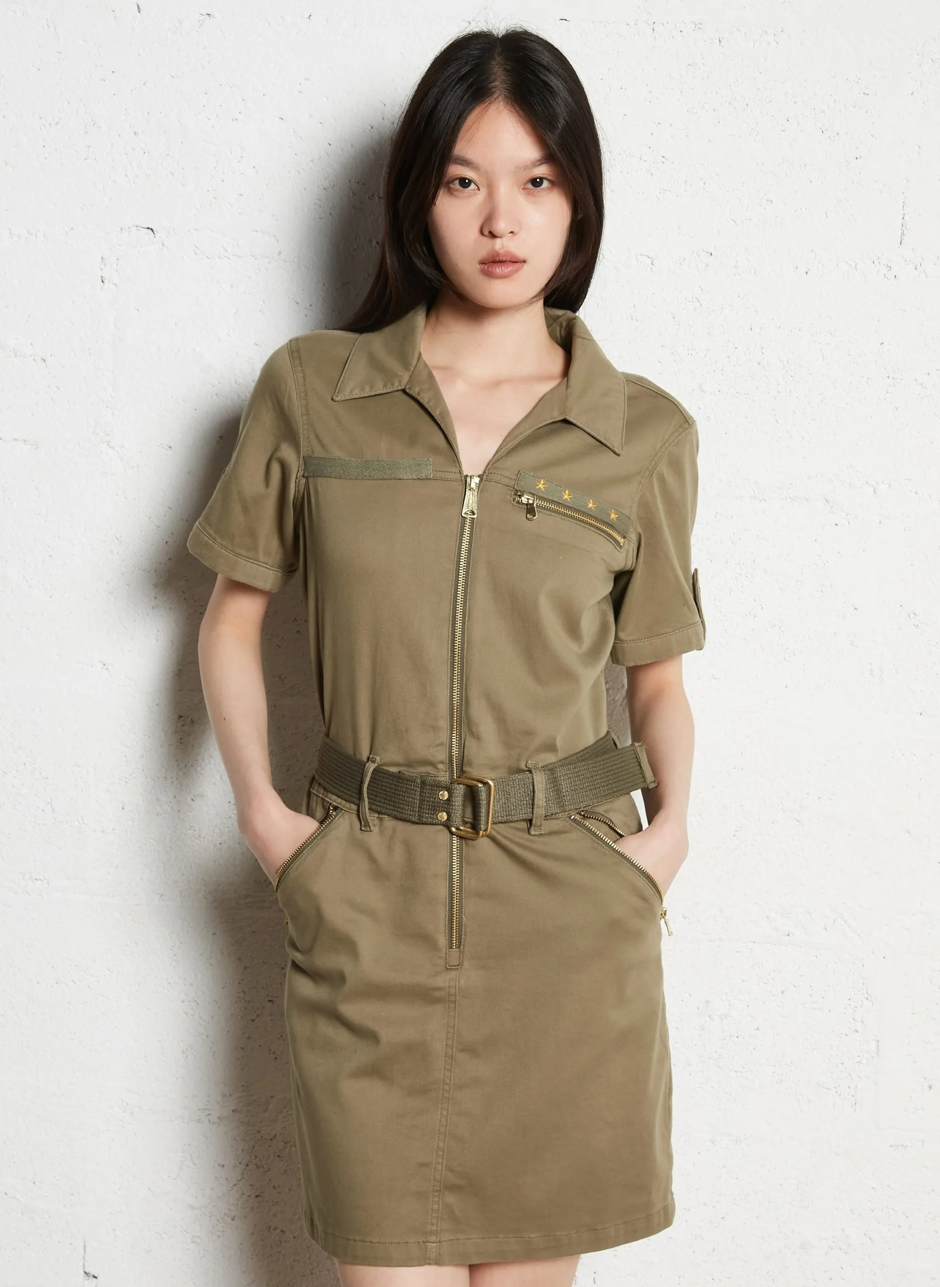 Kurzkleid aus Baumwoll-Mix mit klassischem Kragen Khaki