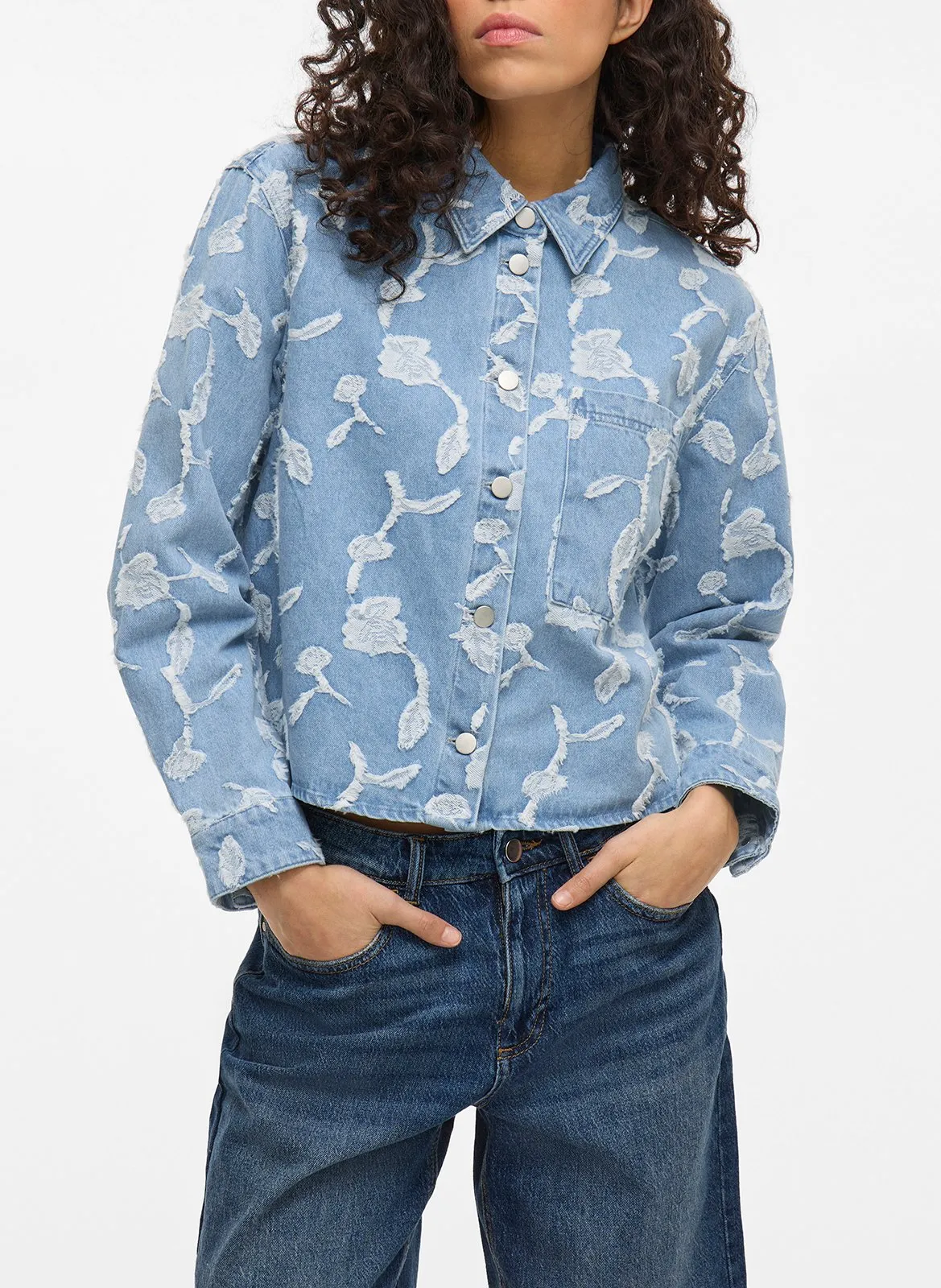 Gerade geschnittene Jacke aus bestickter Baumwollmischung Blau