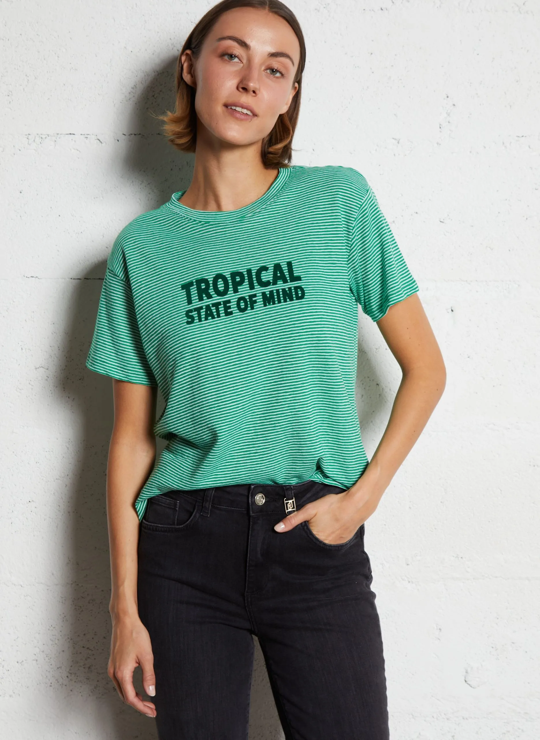 Rundhalsausschnitt T-Shirt aus gemischter Baumwolle Grun