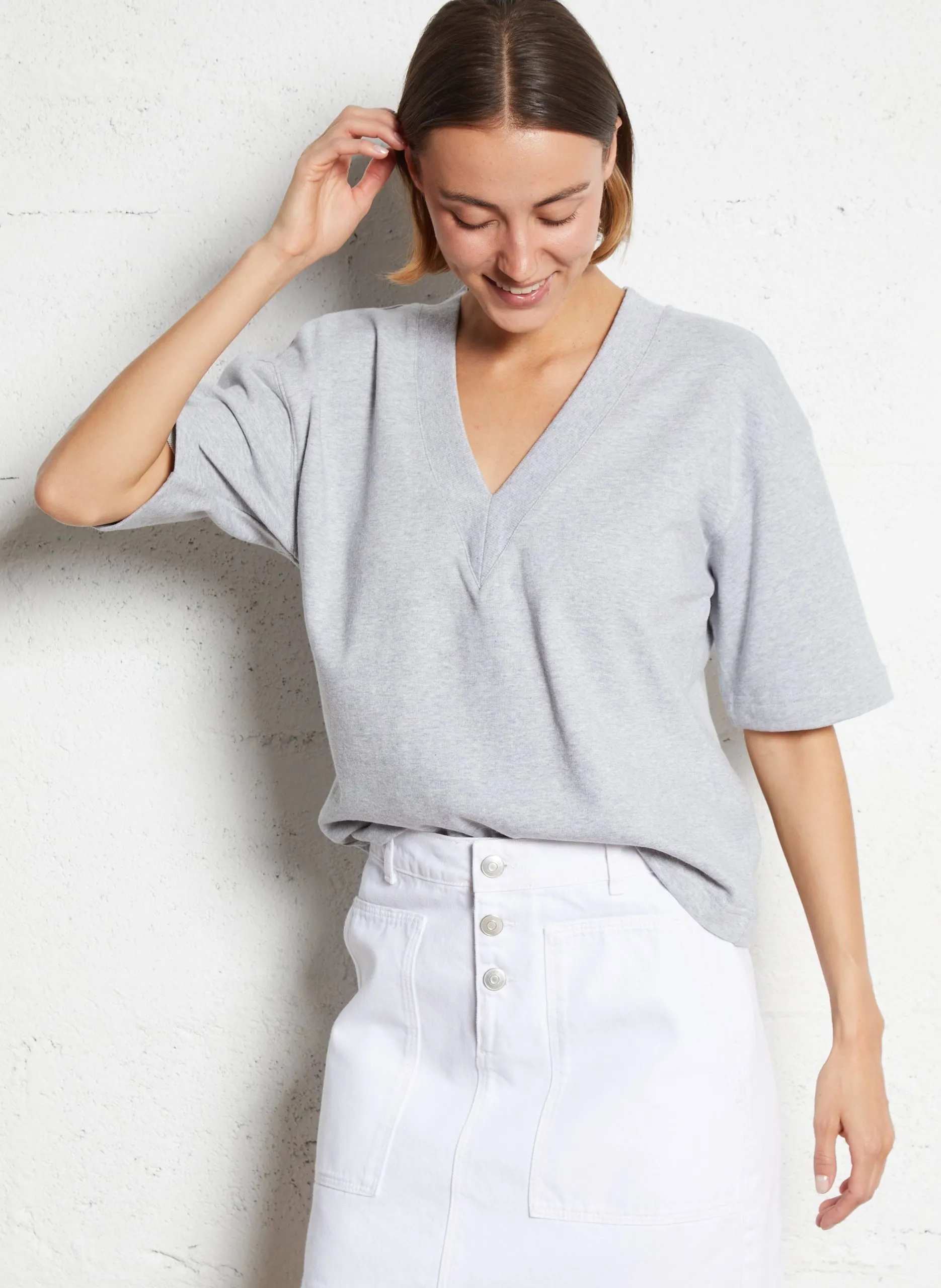 Baumwoll-T-Shirt mit U-Boot-Ausschnitt Grau ANDY