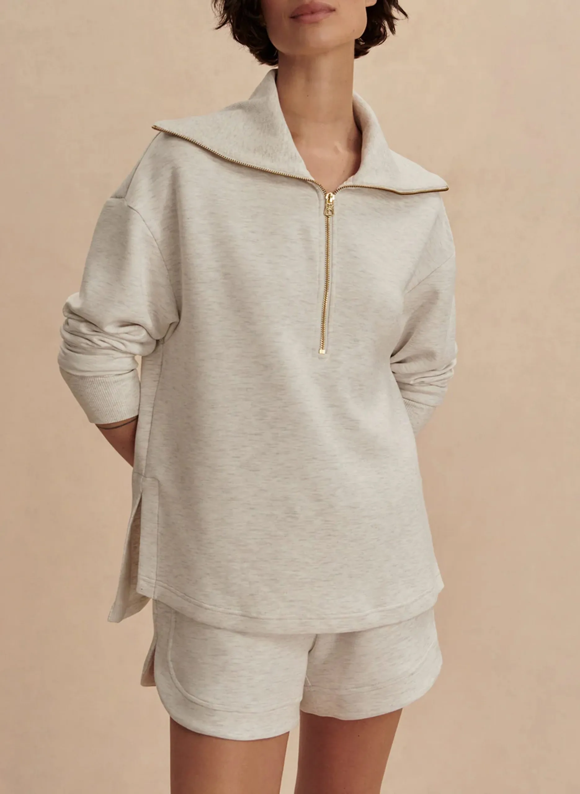 Melierter Sweatshirt mit hohem Reißverschluss-Kragen Beige LARSON