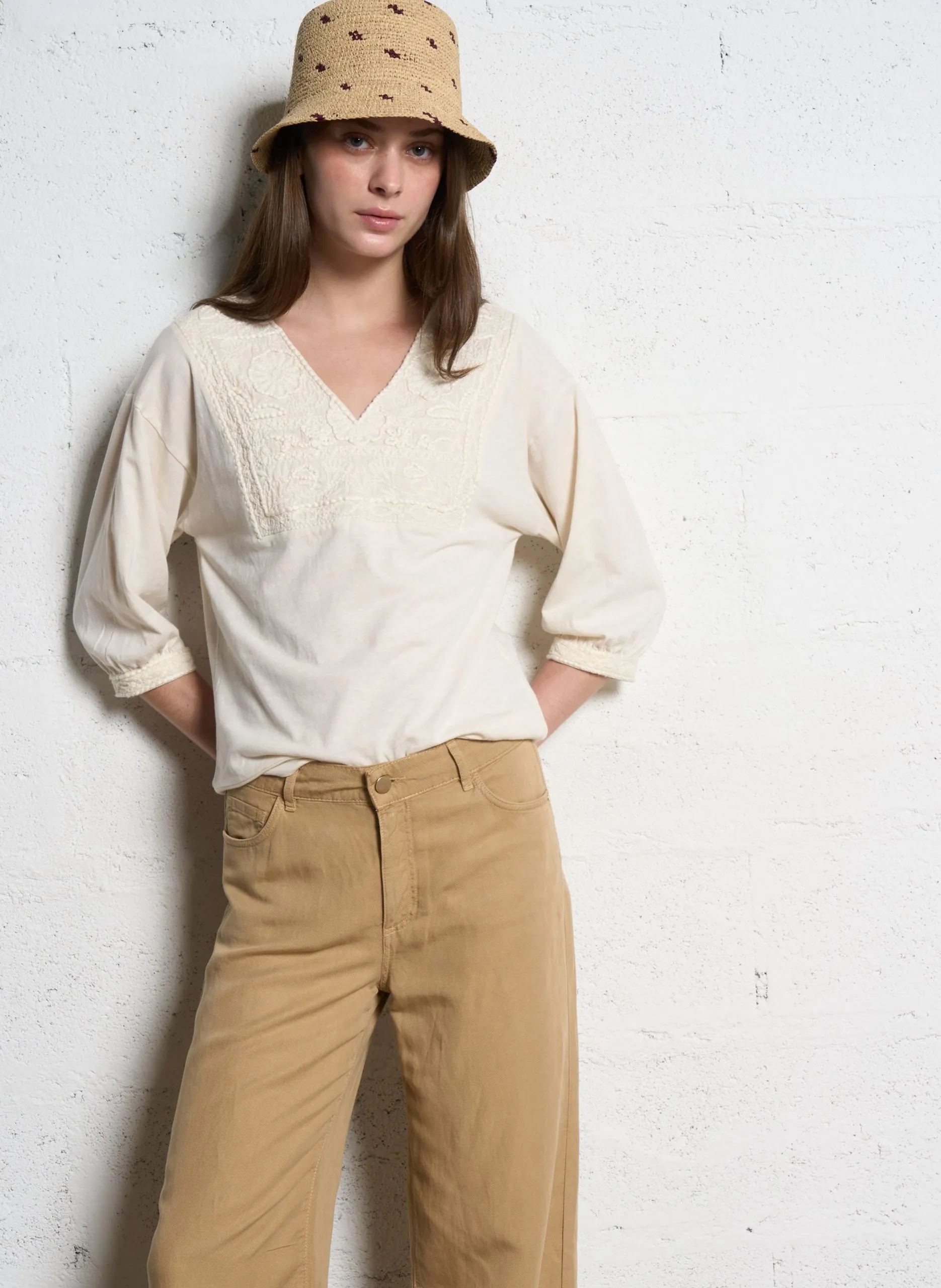 Baumwoll-Top mit V-Ausschnitt Beige ADICIE