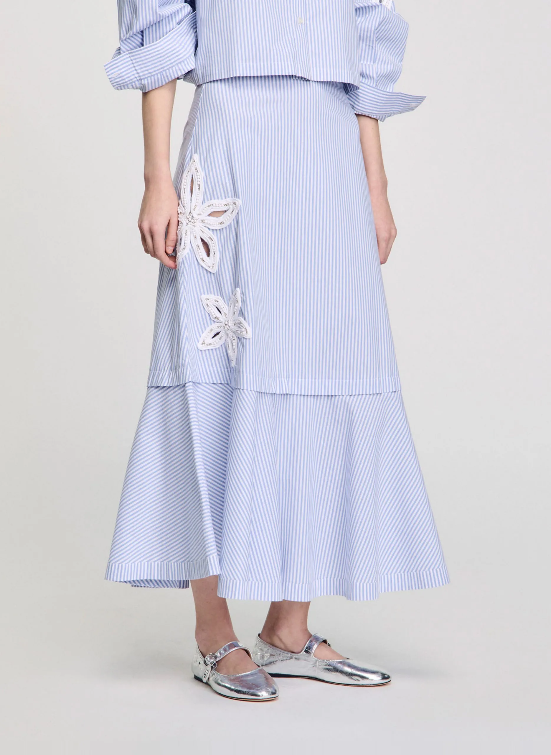 Gestreifter langer Rock aus Baumwollmischung Blau