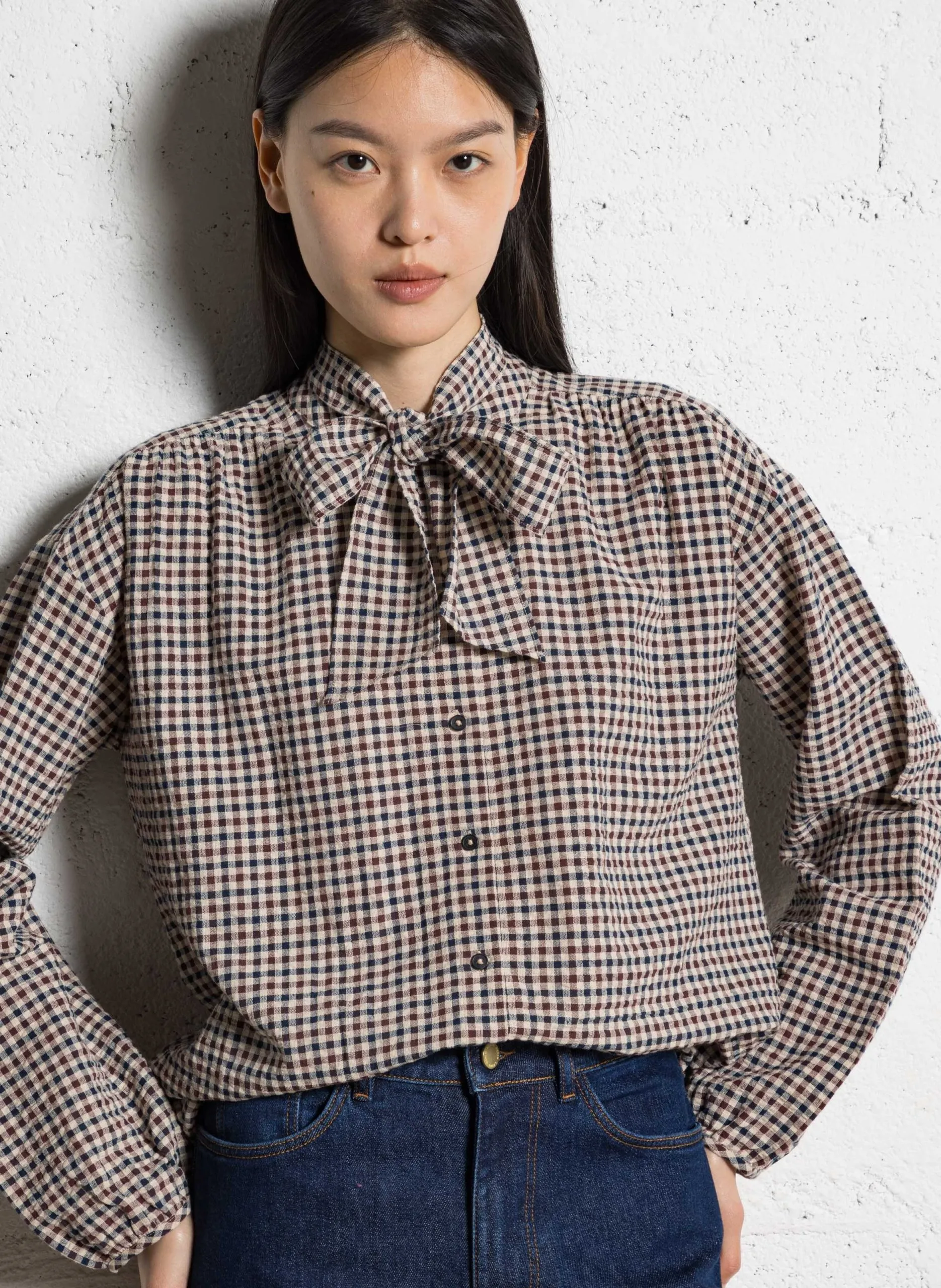 Baumwollbluse mit Rundhalsausschnitt Braun