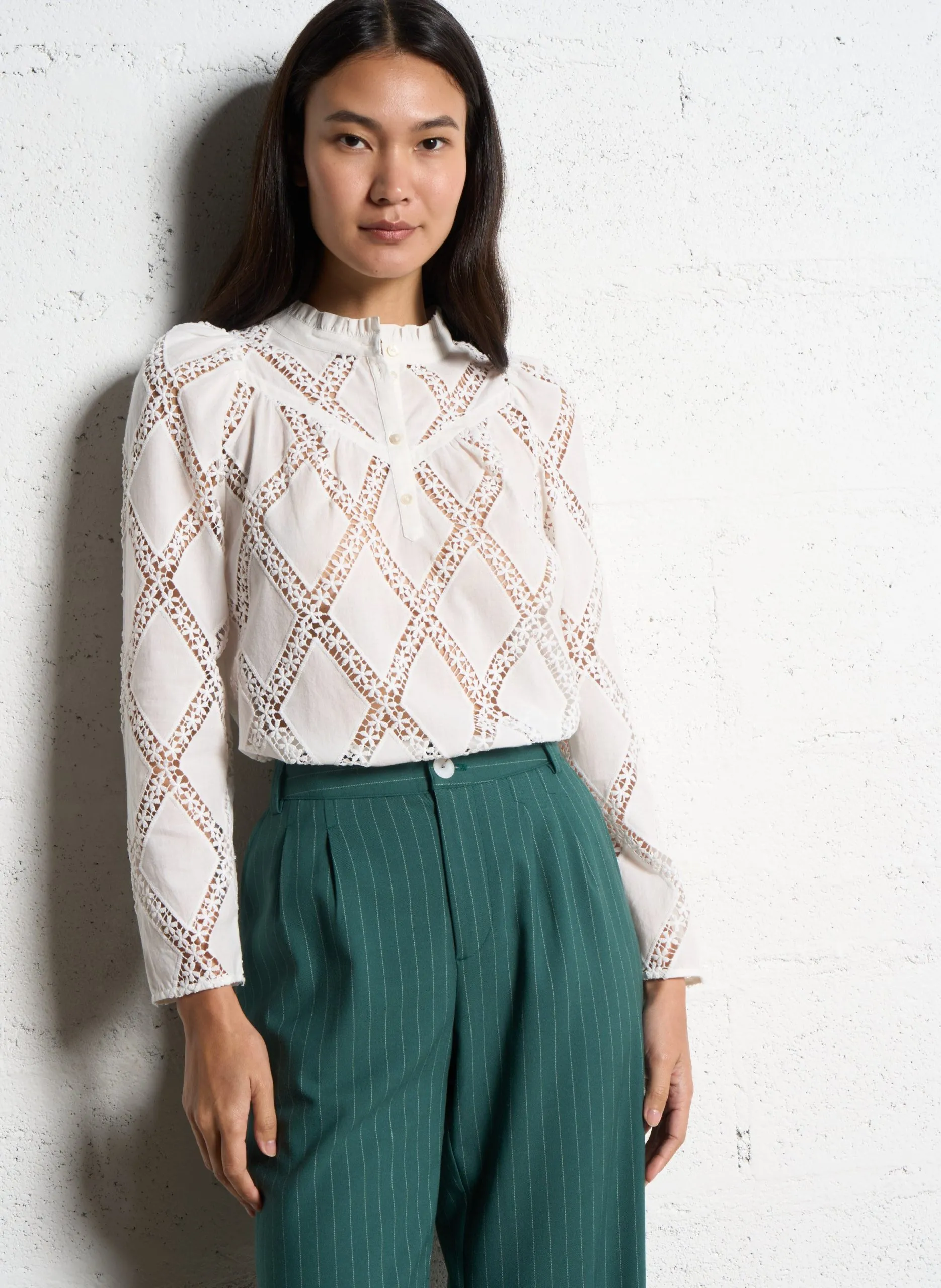 Langarm-Spitzentop Weiss CROWNY