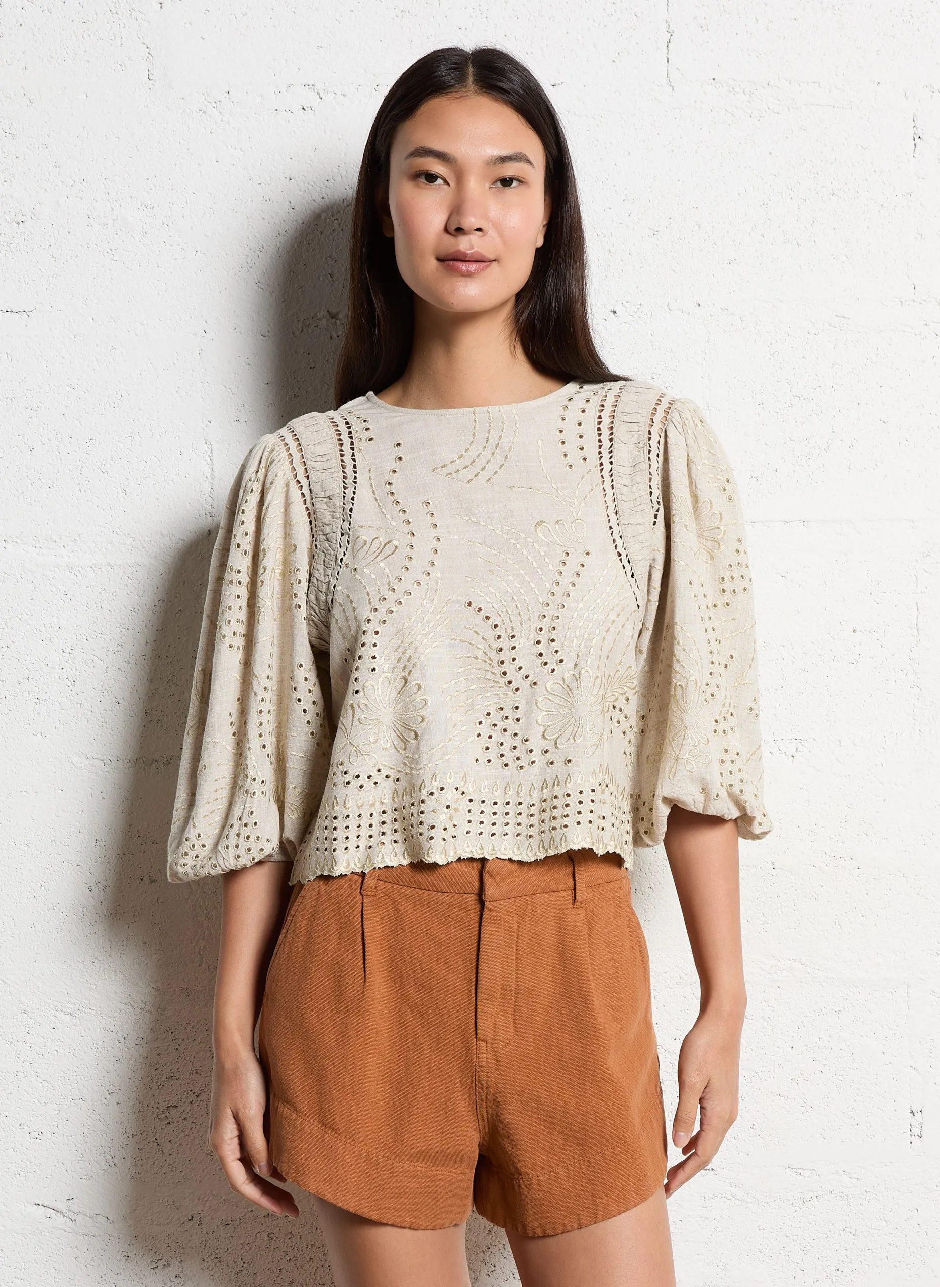 Oversize-Top aus bestickter Baumwolle Khaki CTRINITY